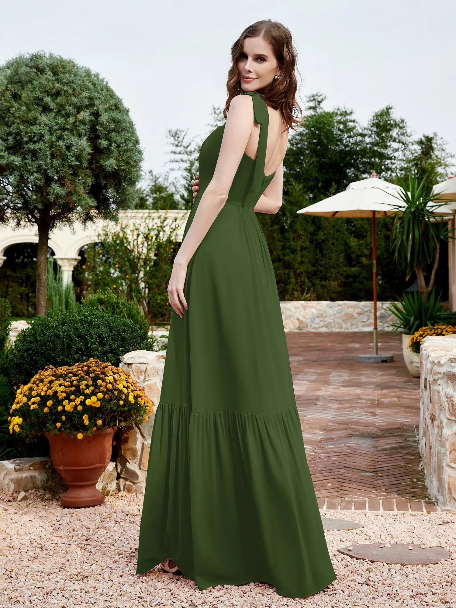 A-Line Bow Ruffle Sleeveless Chiffon Dress Moss Plus Size