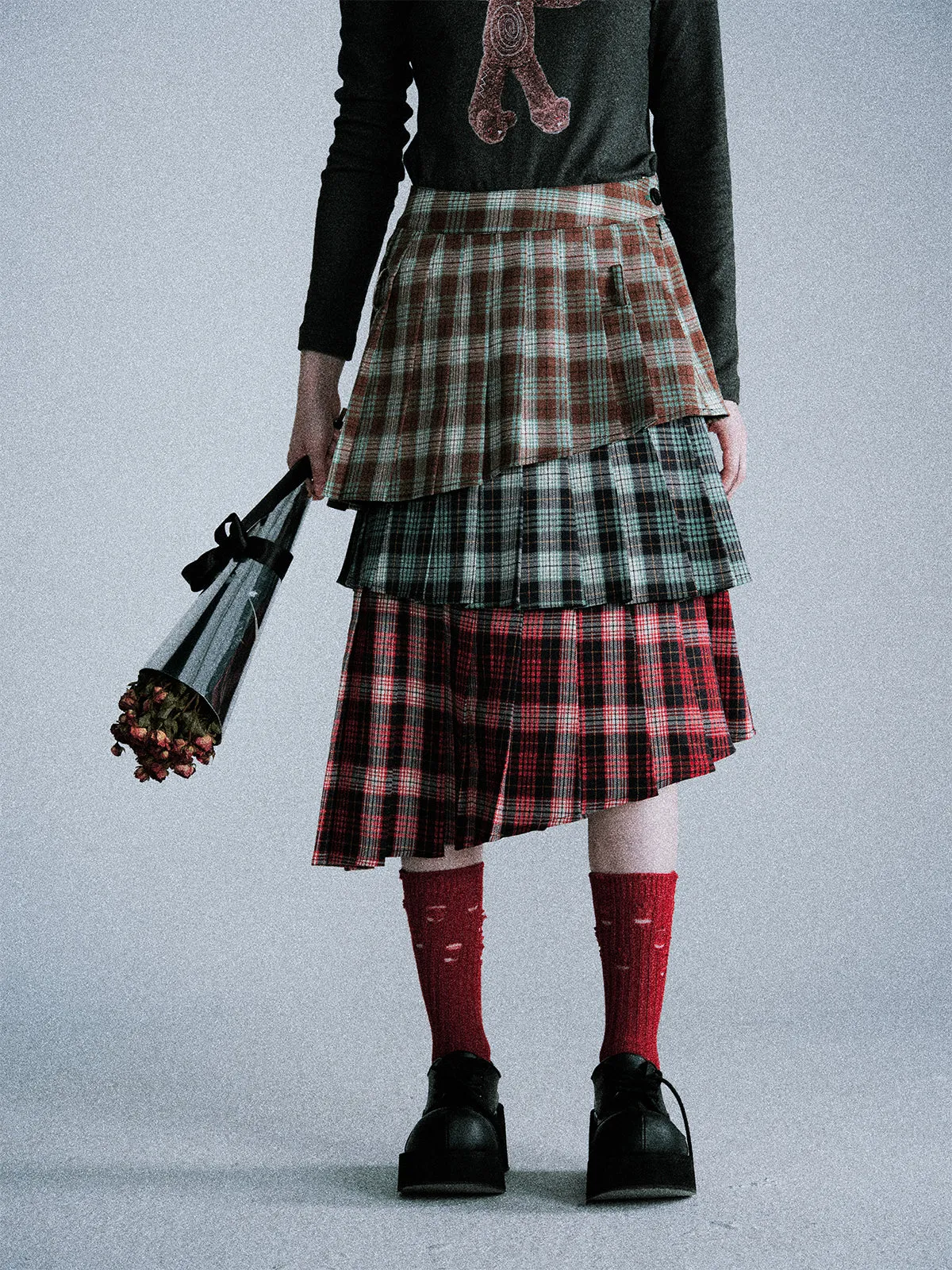 Asymmetrical pleated layered plaid skirt LAP0018