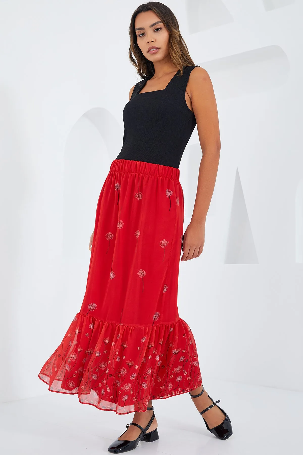 BGD Women Woman Red Patterned Chiffon Skirt 8010 - Avondale