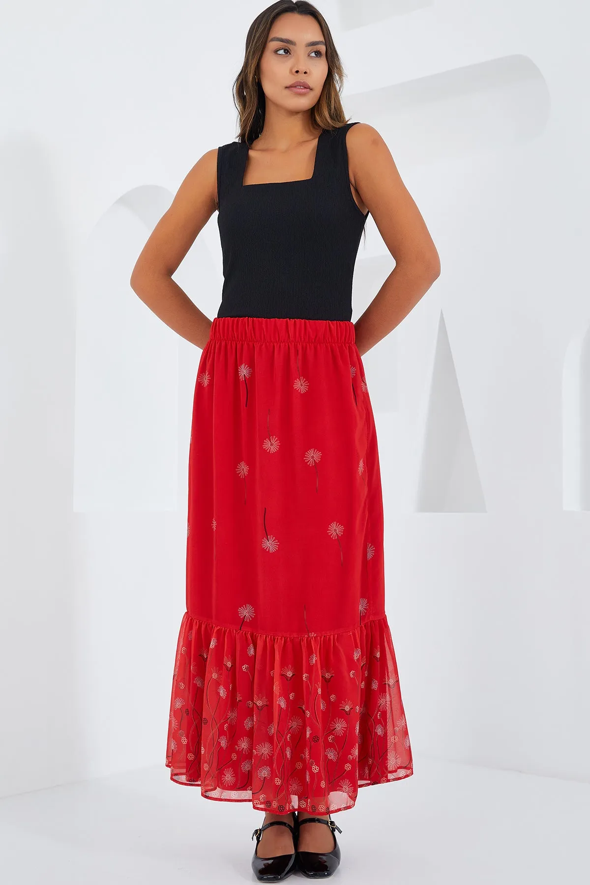 BGD Women Woman Red Patterned Chiffon Skirt 8010 - Avondale