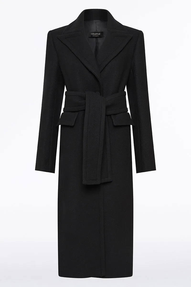 BLACK ITALIAN WOOL BELTED COAT