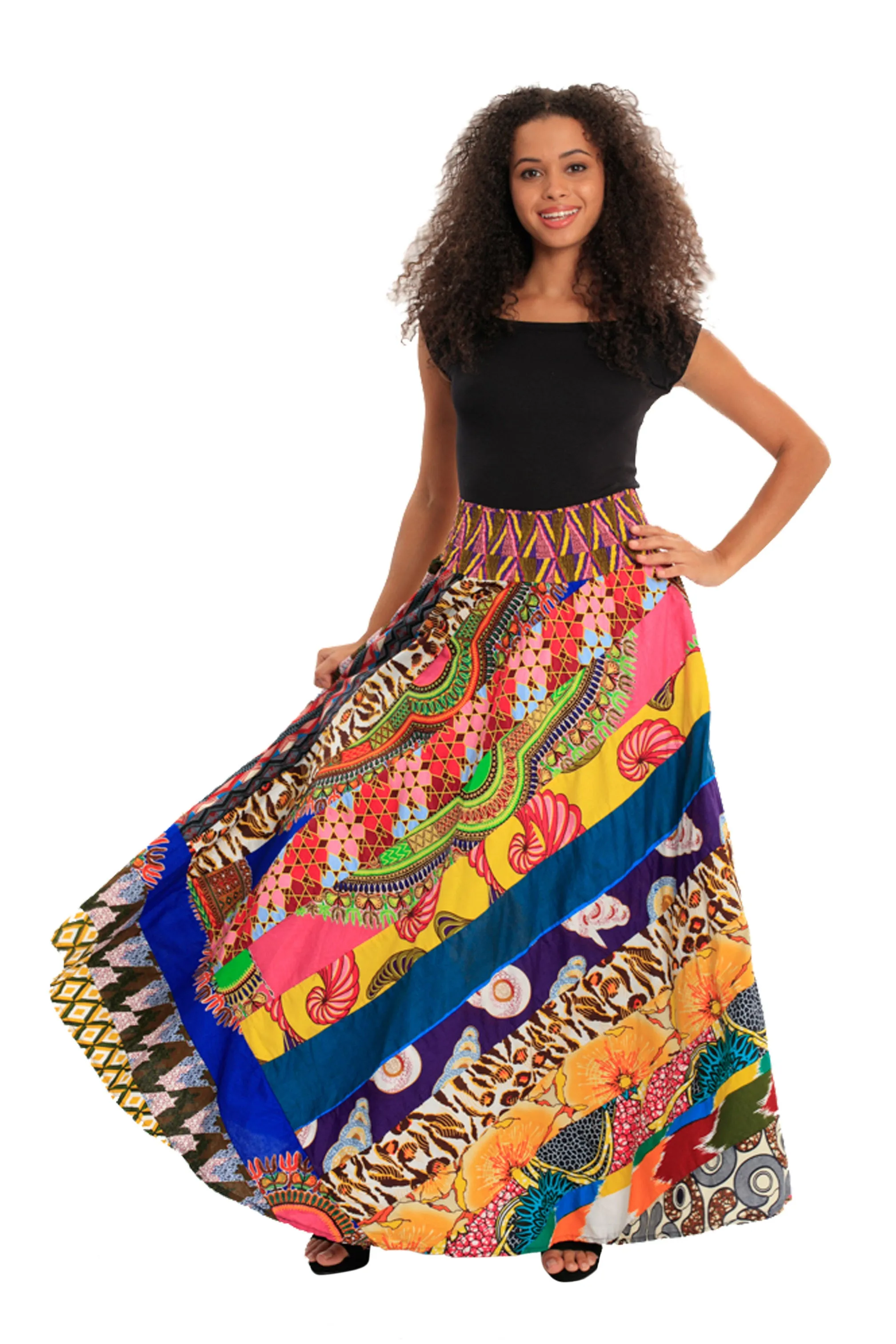 Boho Patch African Print Smocked Skirt