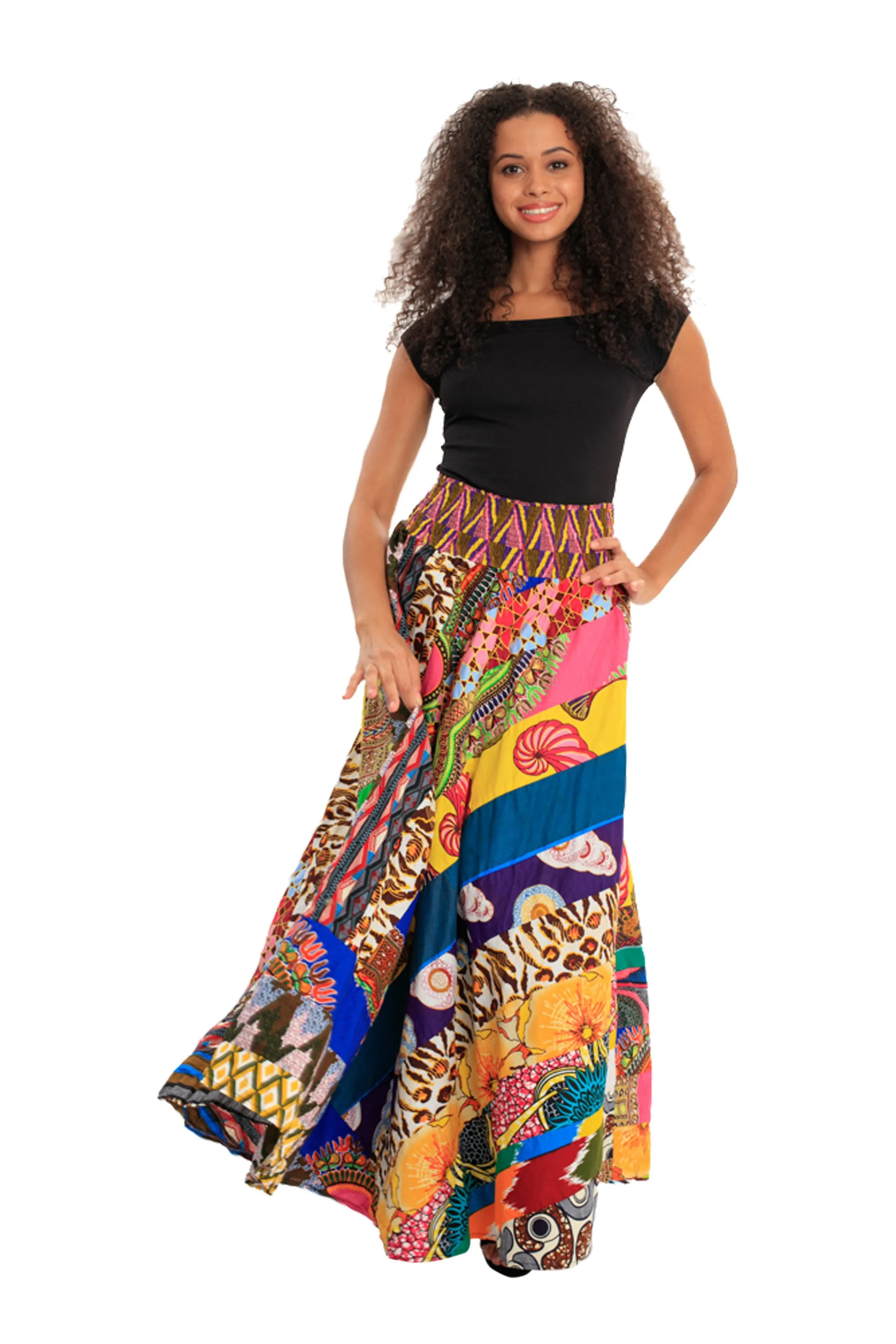 Boho Patch African Print Smocked Skirt