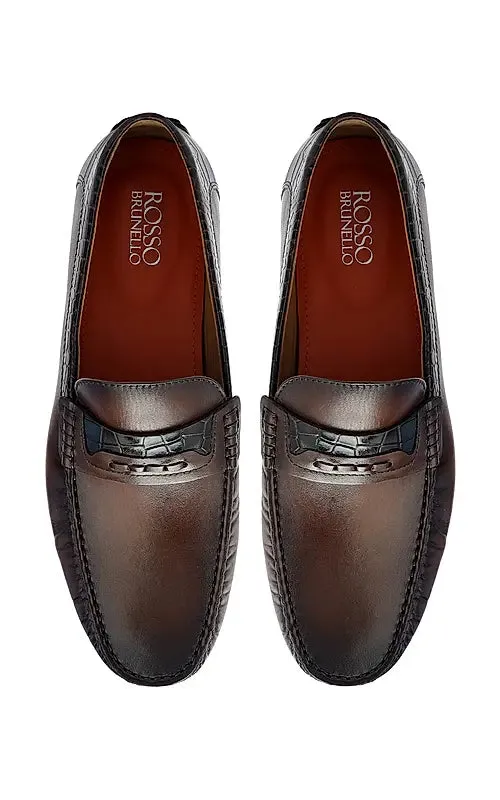 Brown Leather Moccasins With Panel On Top