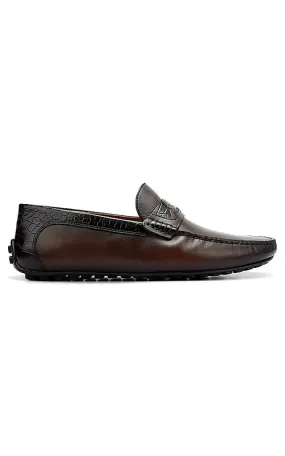 Brown Leather Moccasins With Panel On Top