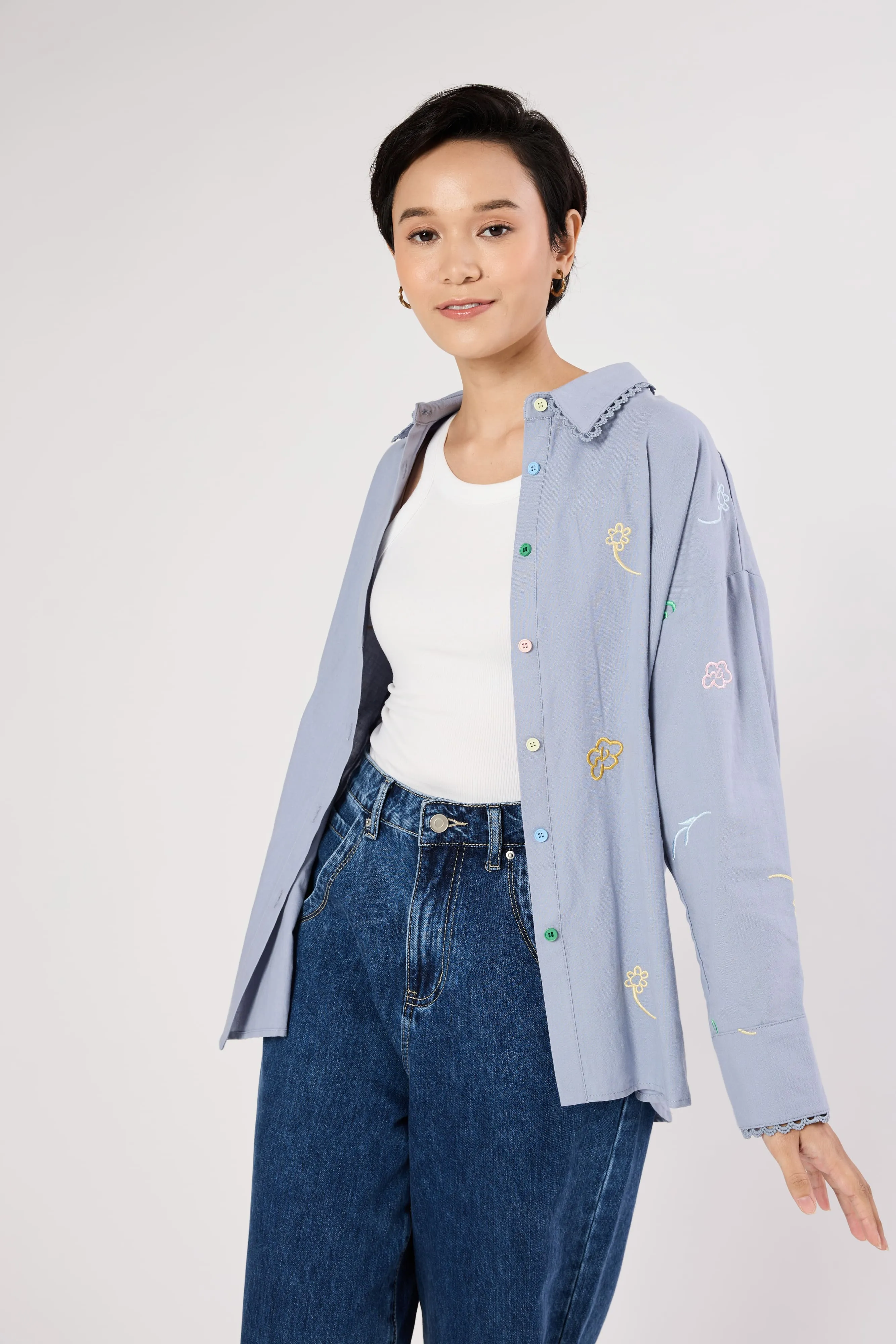 Charlotte Powder Blue Floral Embroidered Shirt