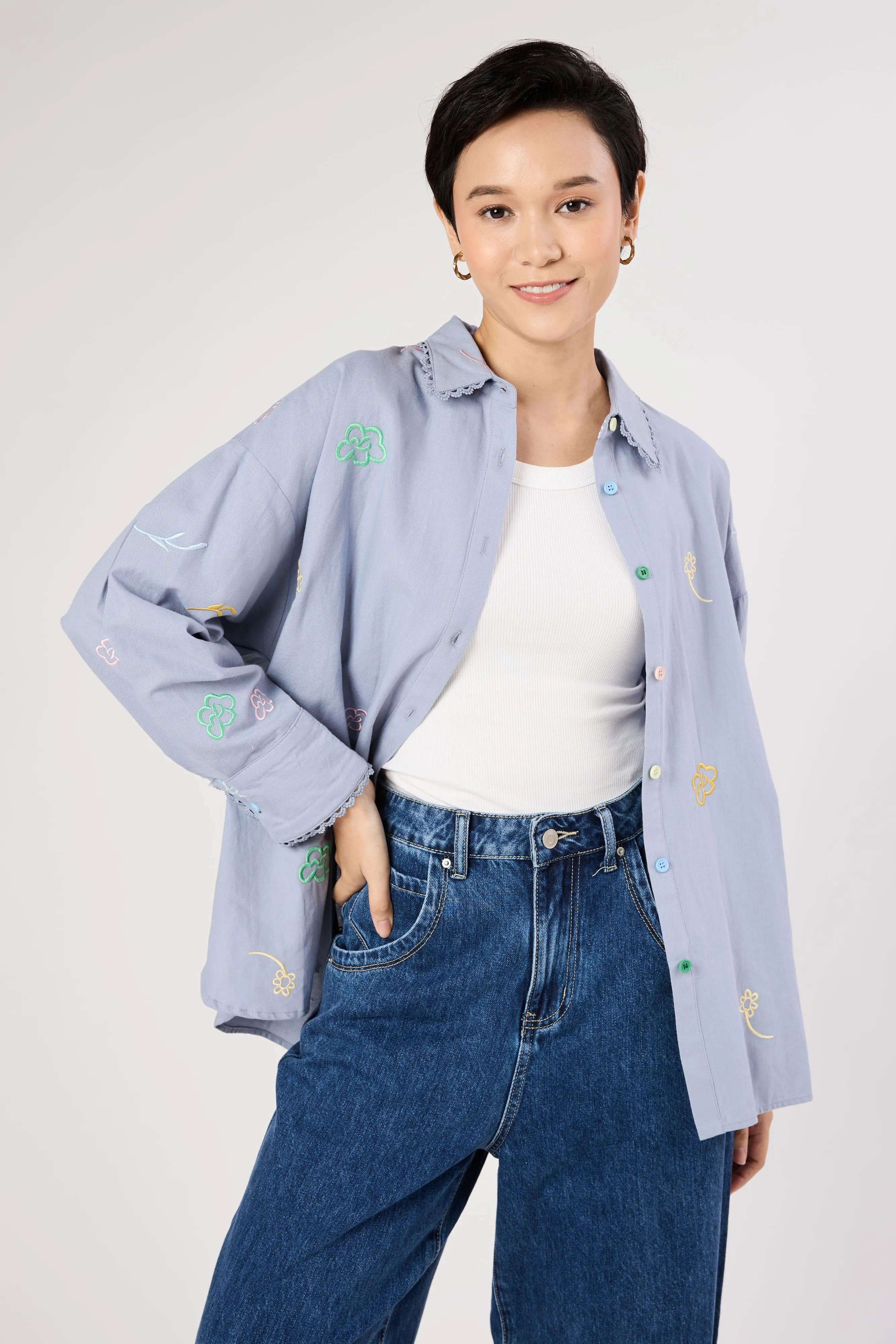 Charlotte Powder Blue Floral Embroidered Shirt