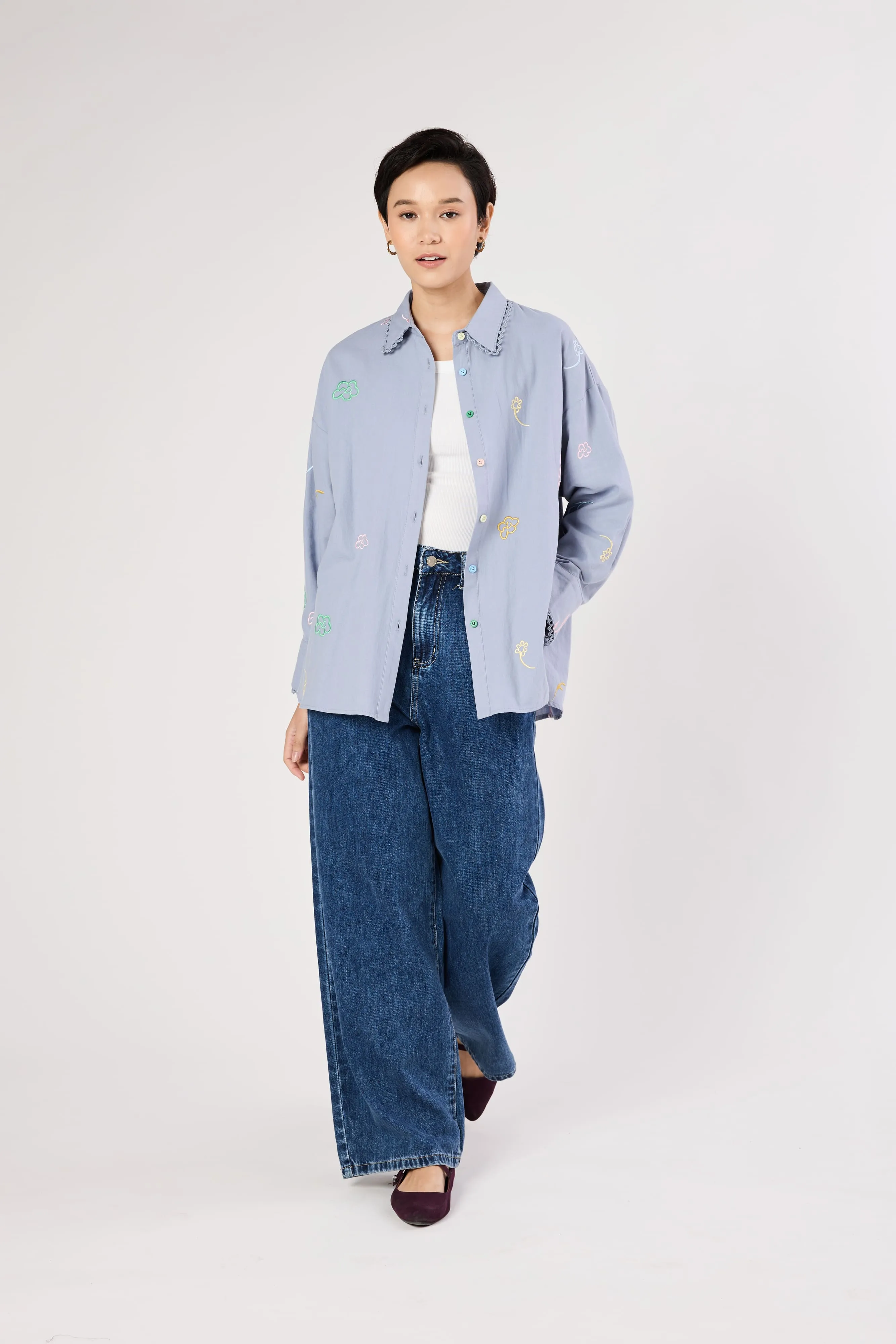 Charlotte Powder Blue Floral Embroidered Shirt