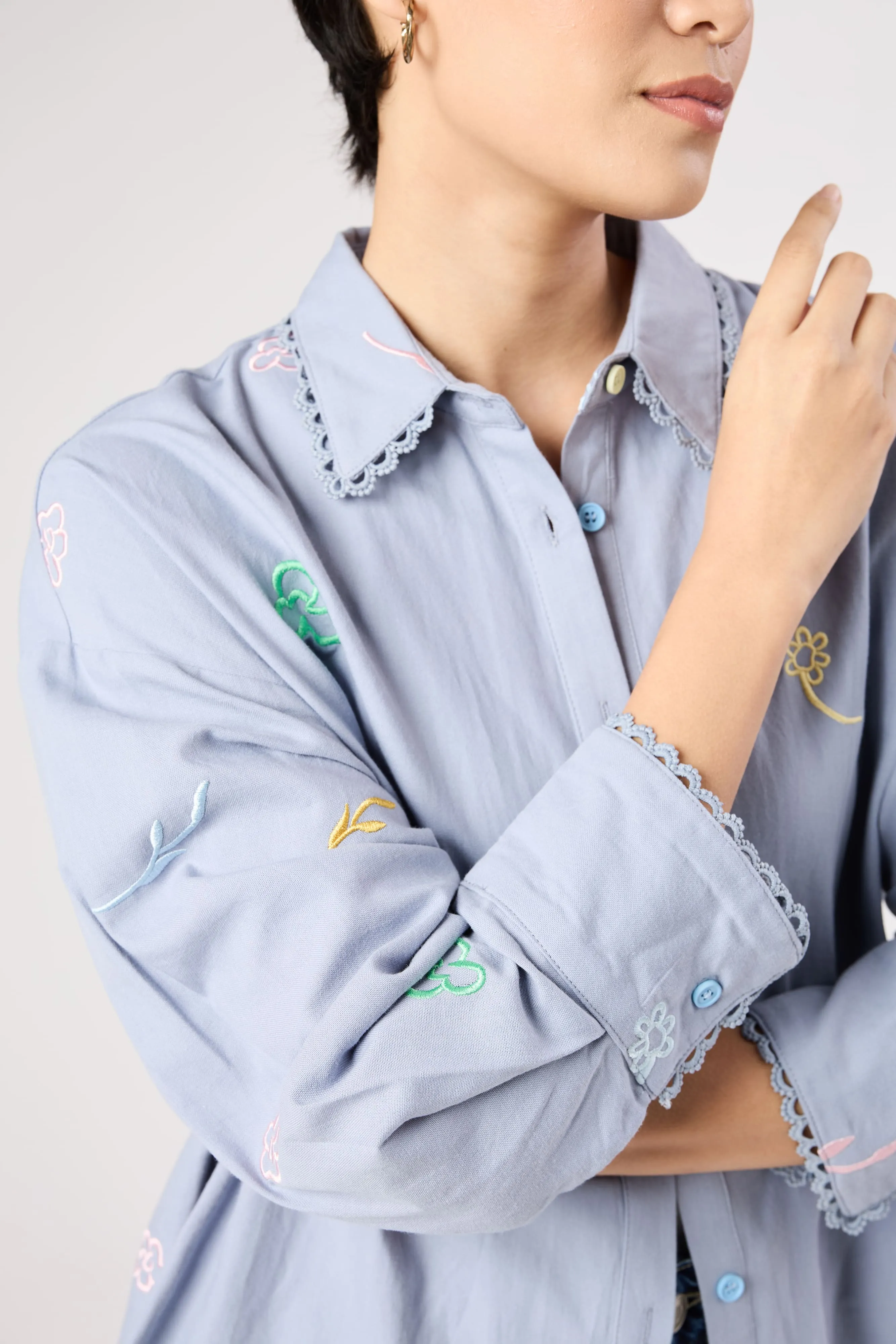 Charlotte Powder Blue Floral Embroidered Shirt