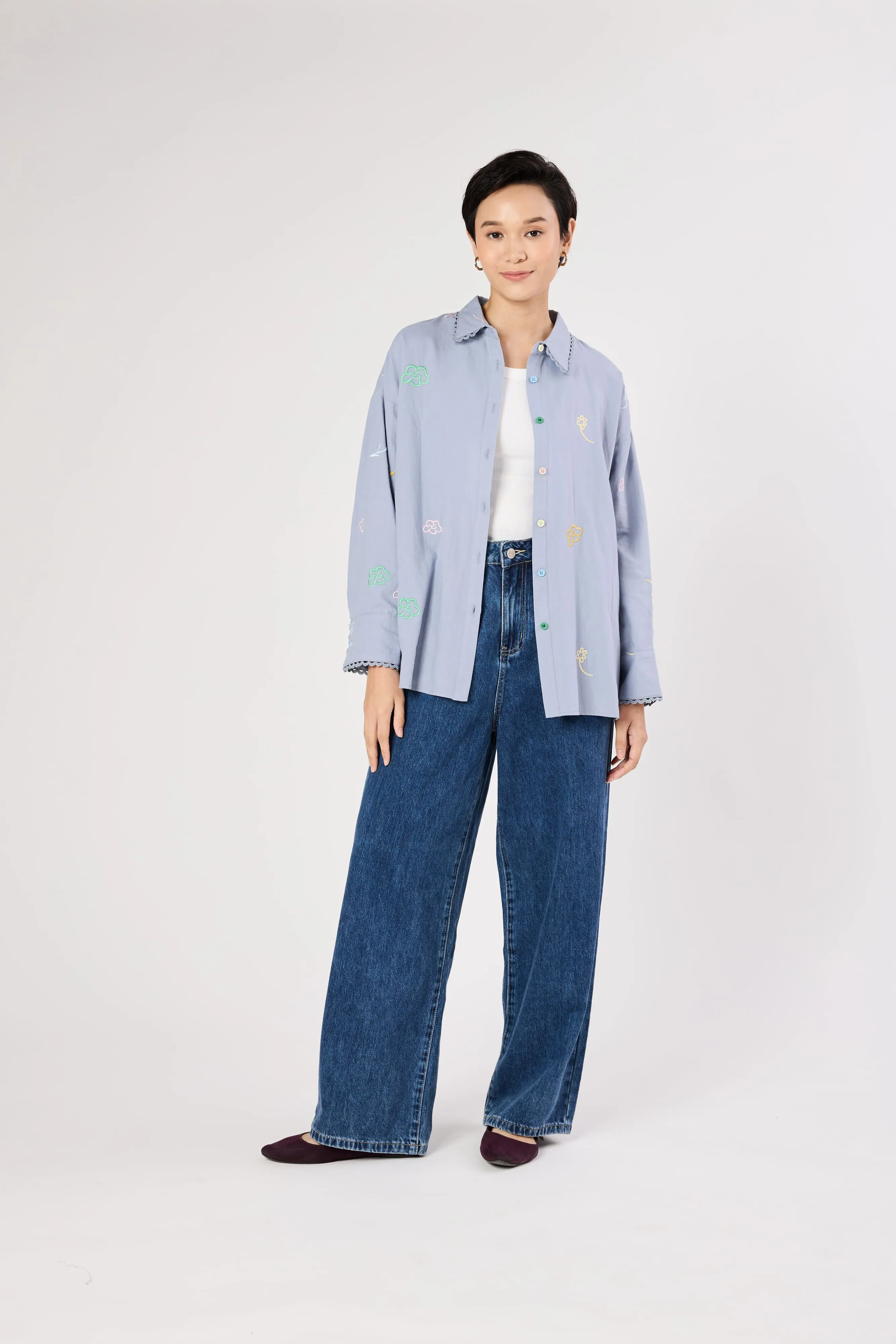 Charlotte Powder Blue Floral Embroidered Shirt