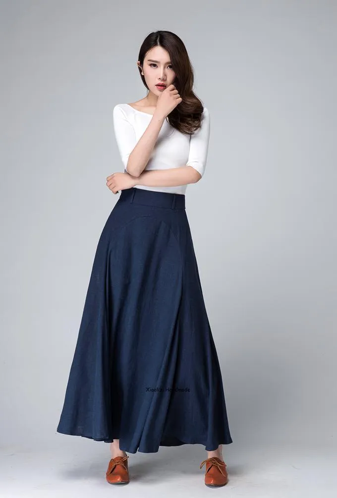 Dark blue A line flare maxi skirt 1497#