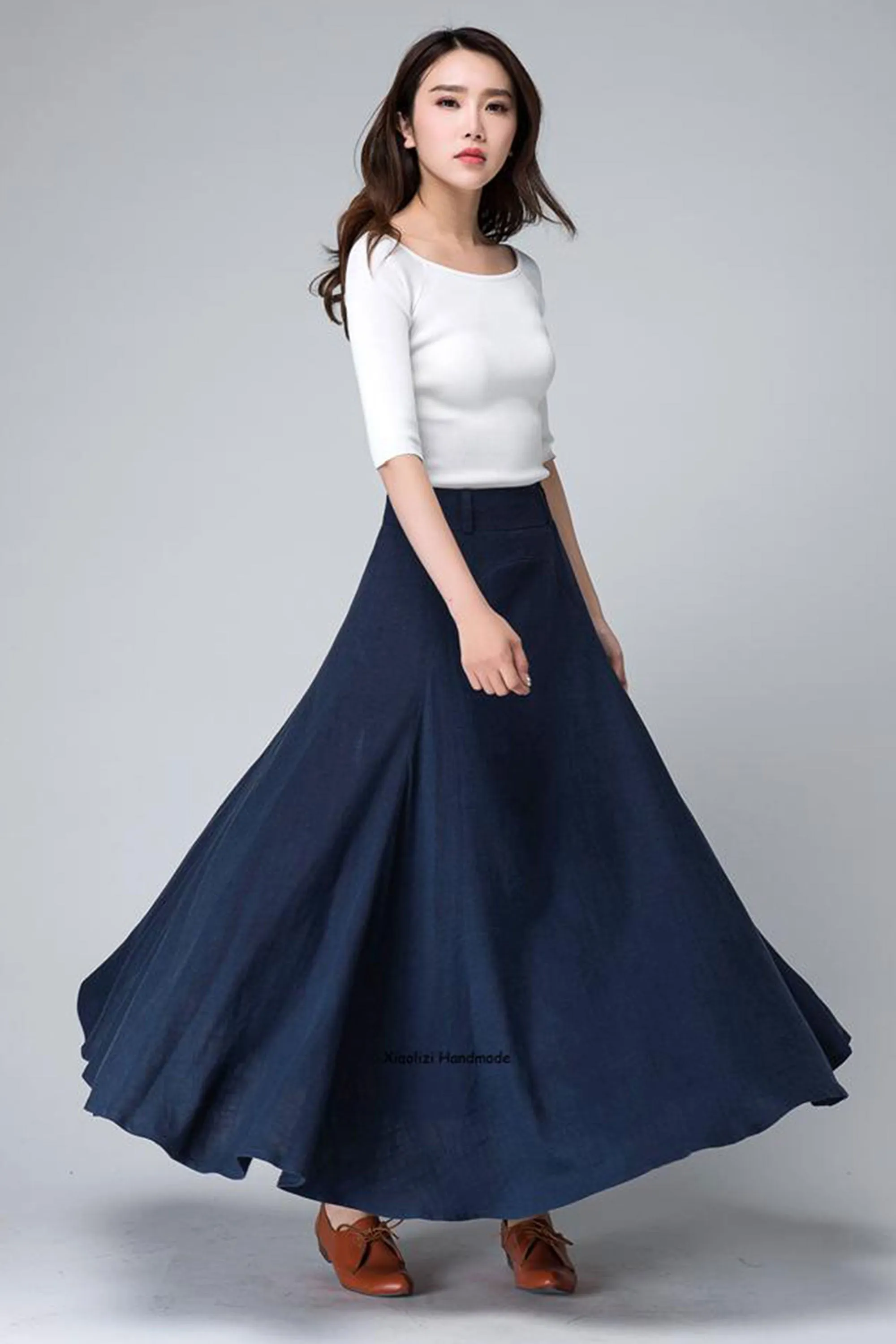 Dark blue A line flare maxi skirt 1497#