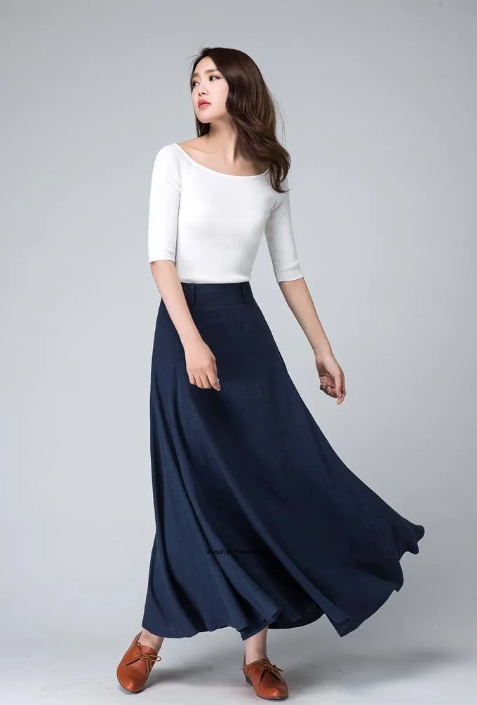 Dark blue A line flare maxi skirt 1497#