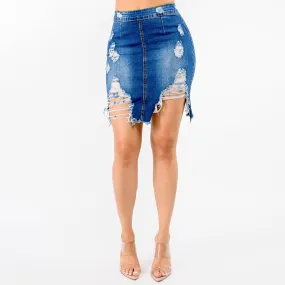 DISTRESSED CUT HEM DENIM SKIRT