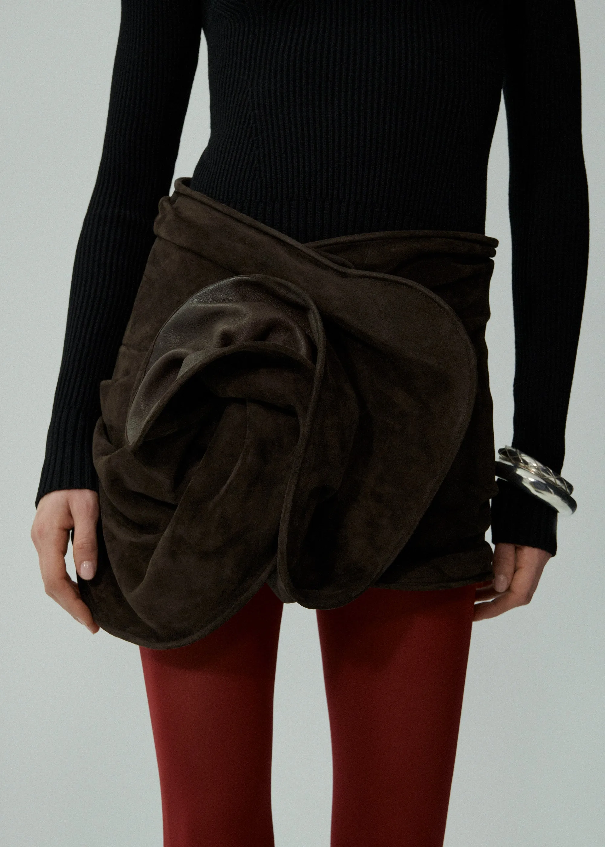 Draped suede mini skirt in brown