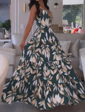 Elegant Green Maxi Dress With Leaf Print