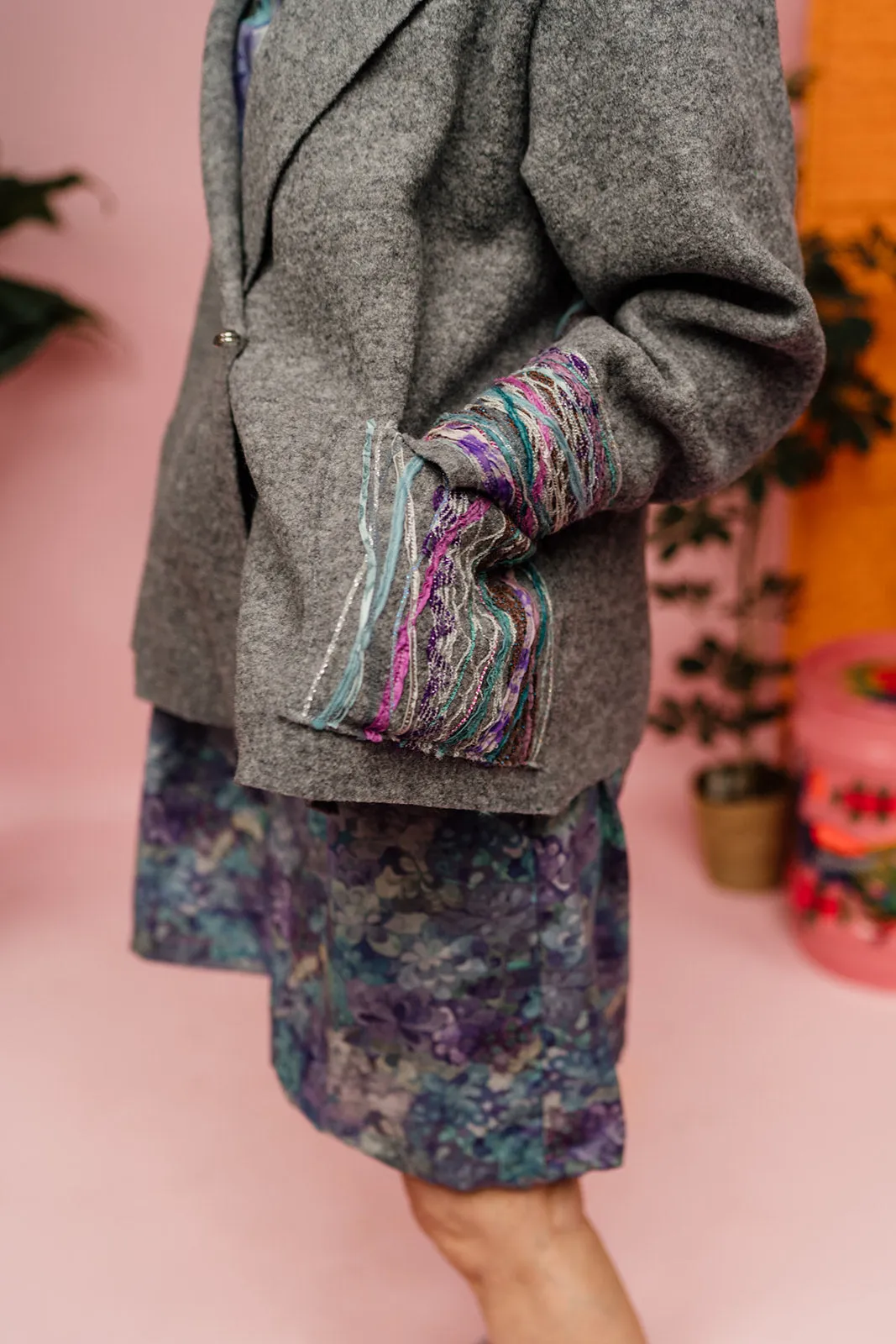 Embellished Cropped Wool Coat in Light Grey