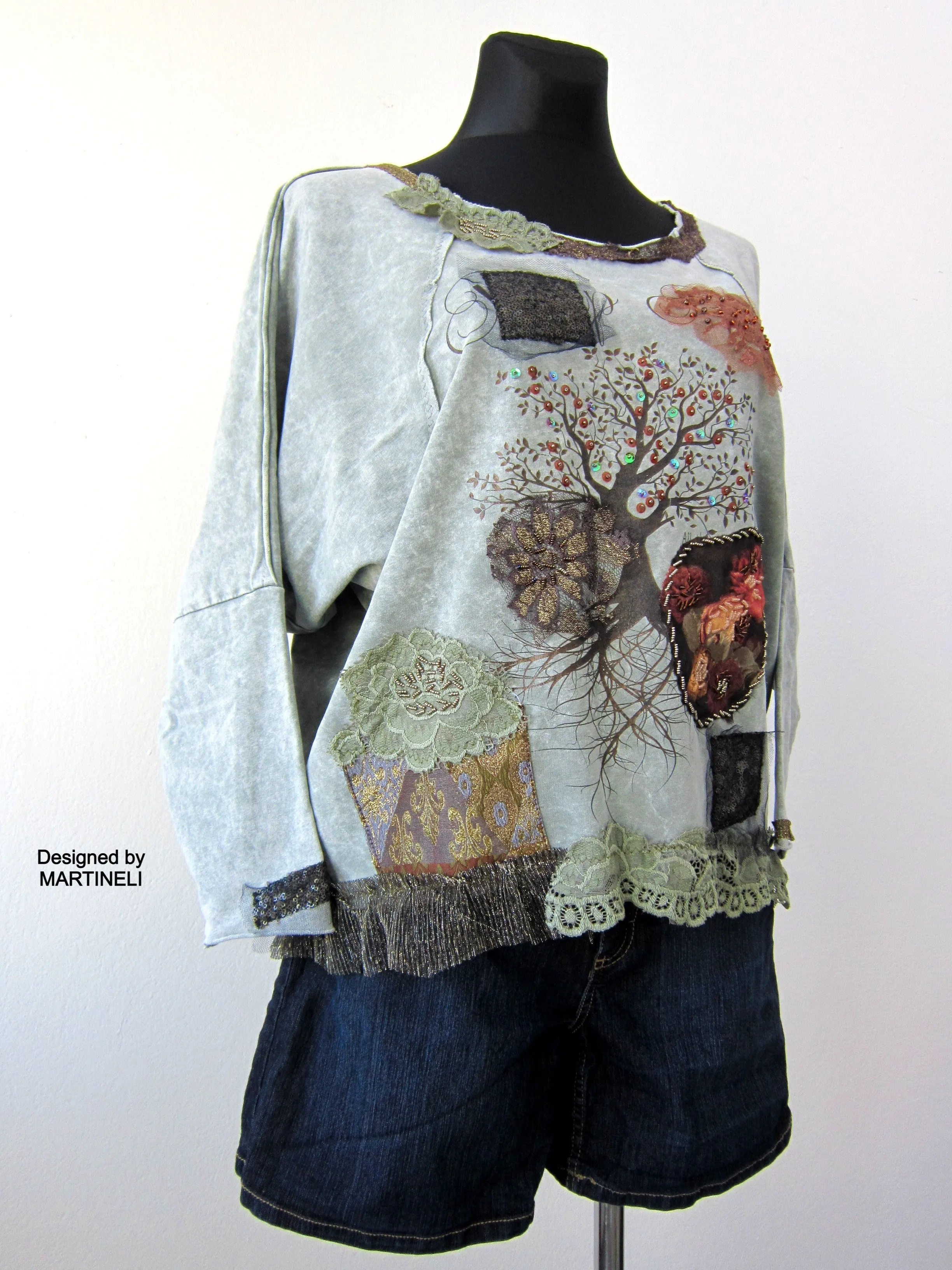 Embroidered Sweatshirt for Women,M Gray Cotton Top