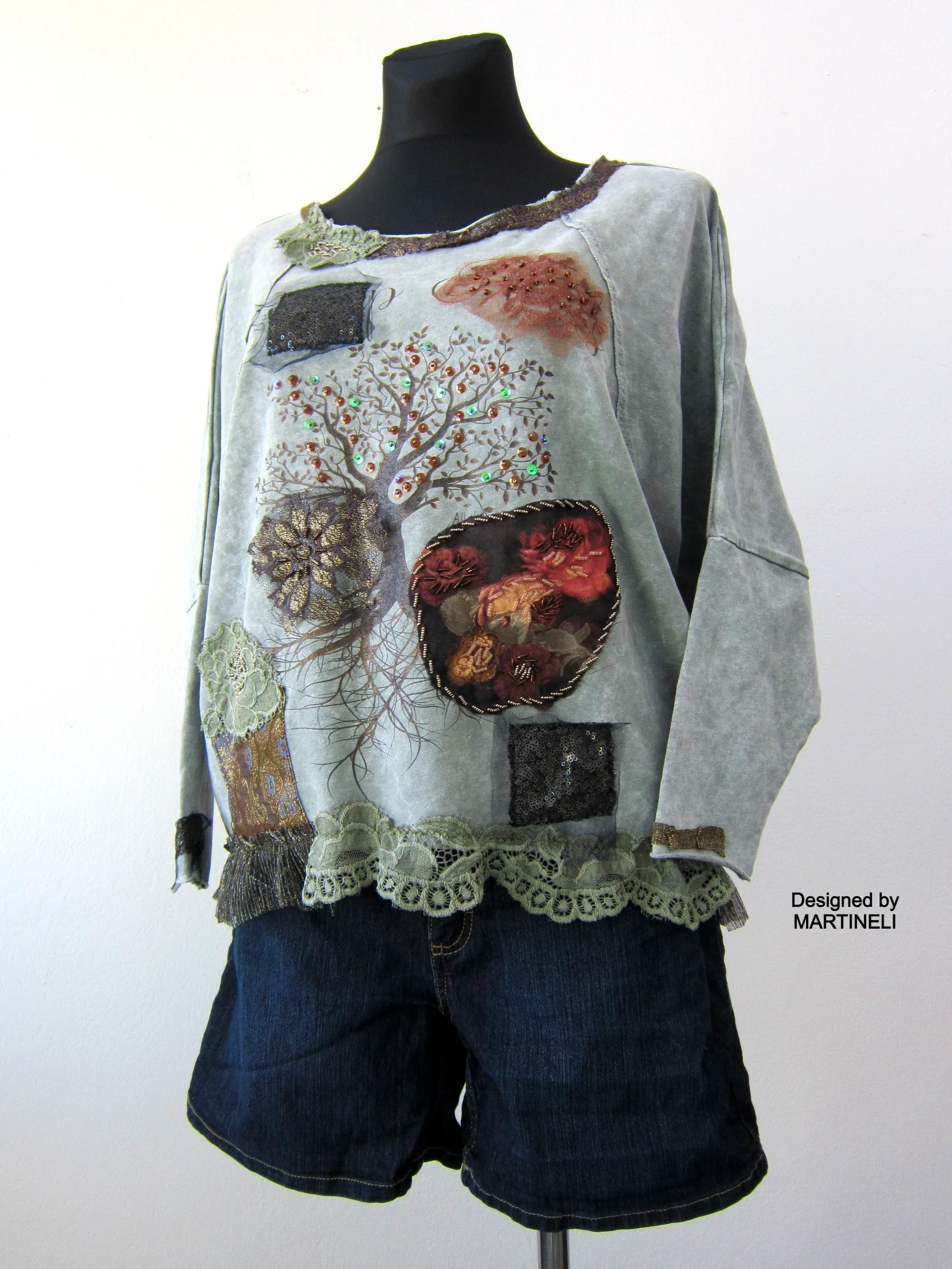 Embroidered Sweatshirt for Women,M Gray Cotton Top