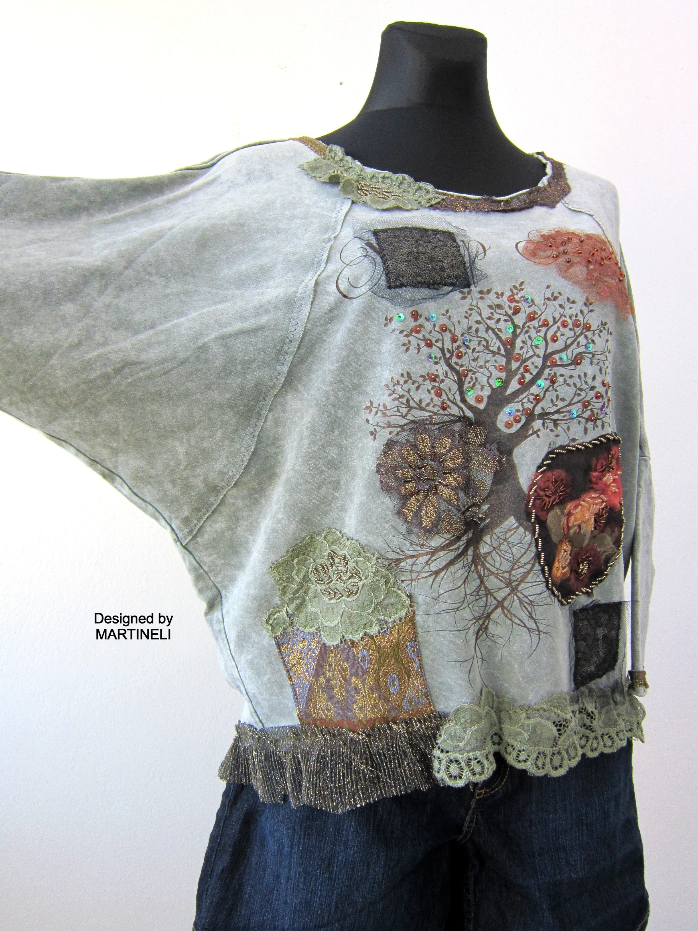 Embroidered Sweatshirt for Women,M Gray Cotton Top