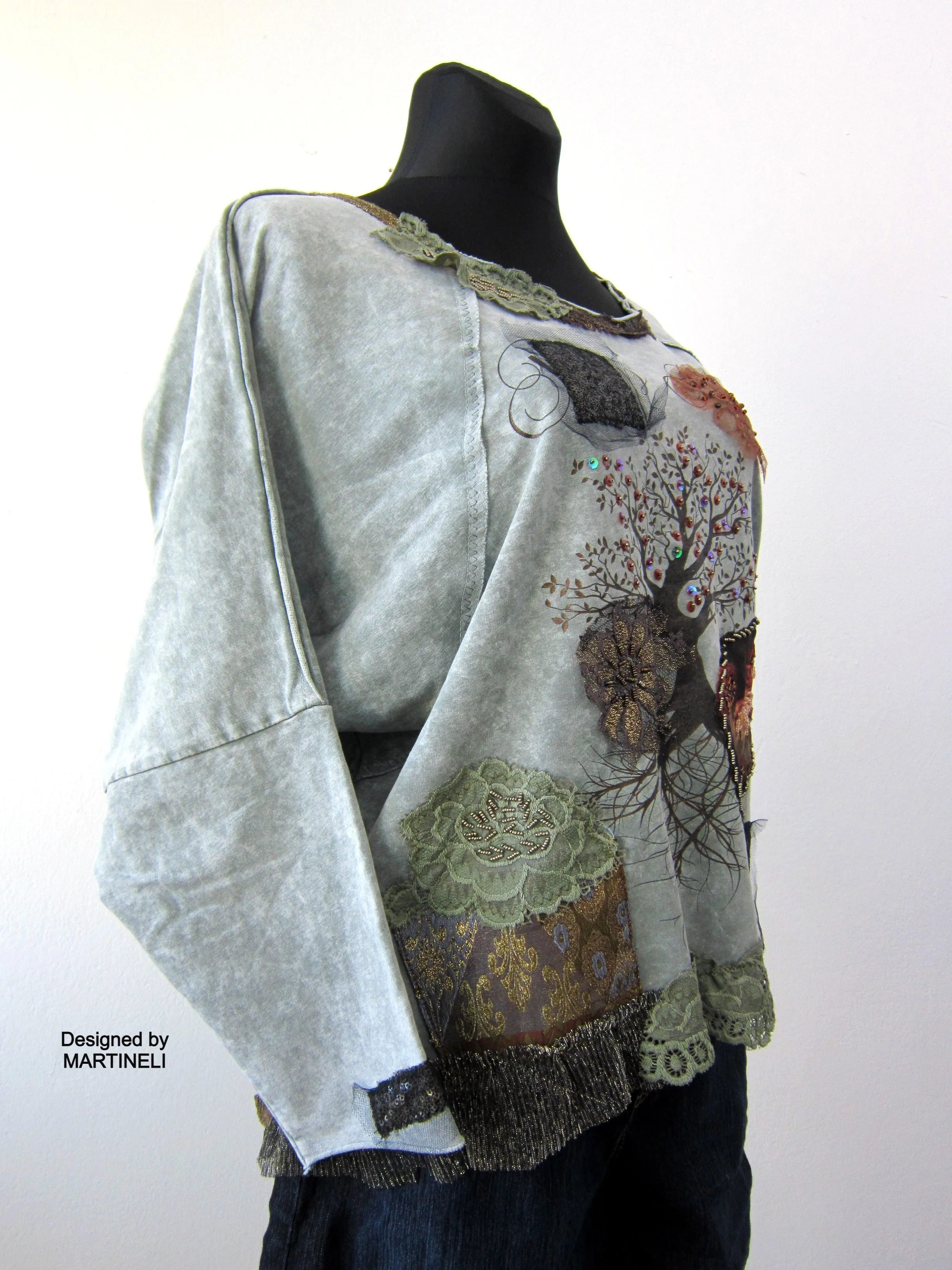 Embroidered Sweatshirt for Women,M Gray Cotton Top