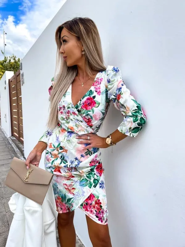Fashion New Deep V-neck Puff Sleeve 34 Sleeve Asymmetric Skirt Dress