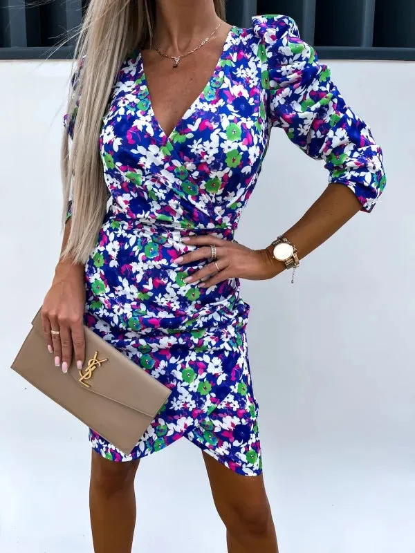 Fashion New Deep V-neck Puff Sleeve 34 Sleeve Asymmetric Skirt Dress