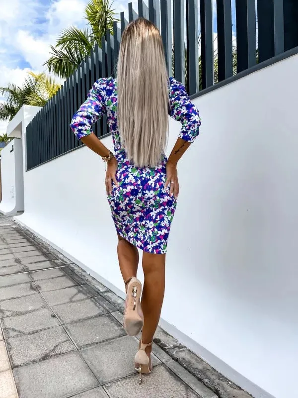 Fashion New Deep V-neck Puff Sleeve 34 Sleeve Asymmetric Skirt Dress
