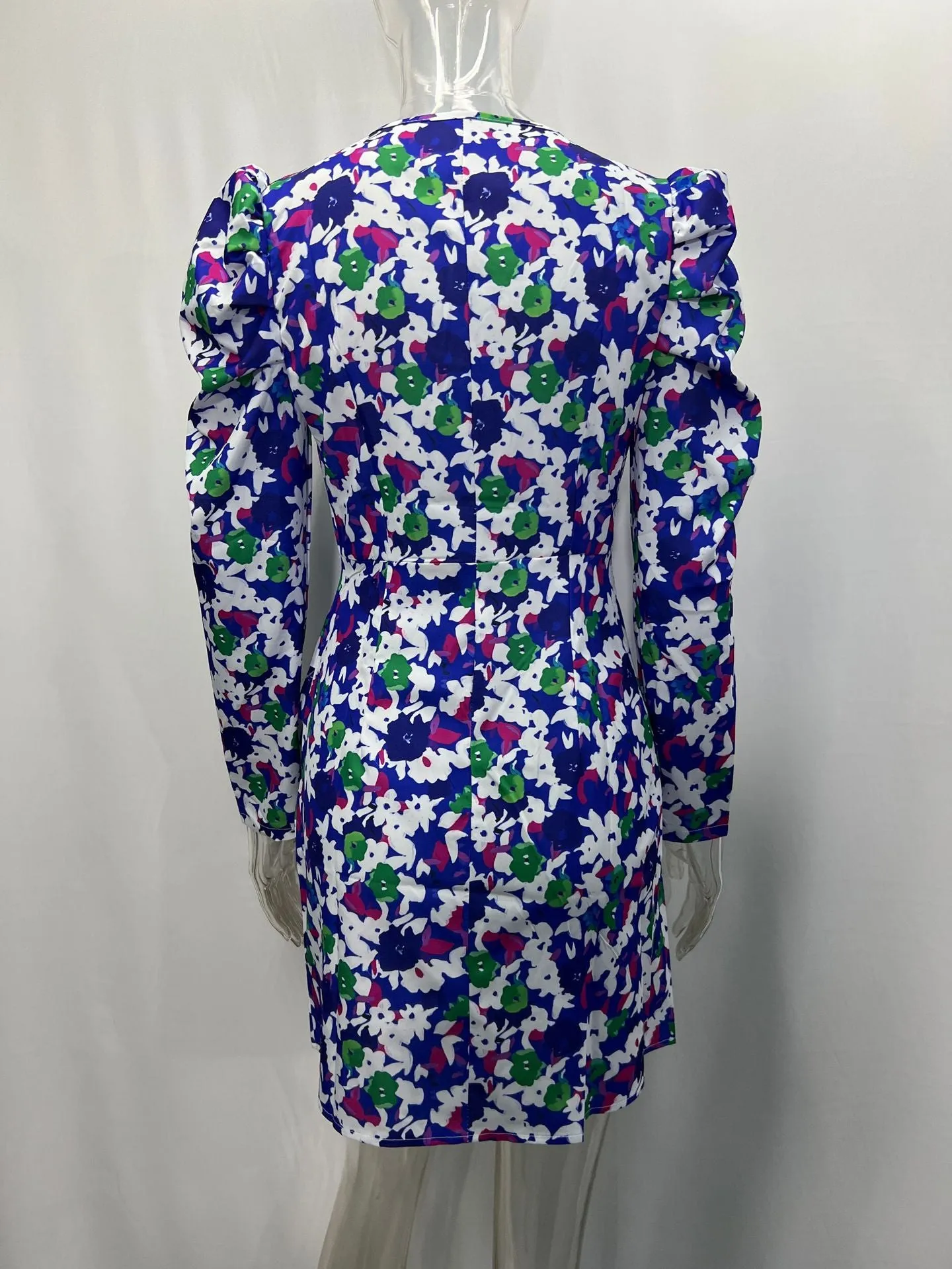 Fashion New Deep V-neck Puff Sleeve 34 Sleeve Asymmetric Skirt Dress
