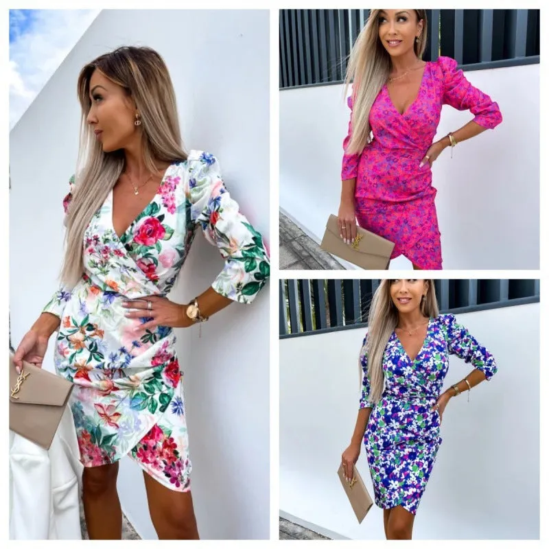 Fashion New Deep V-neck Puff Sleeve 34 Sleeve Asymmetric Skirt Dress