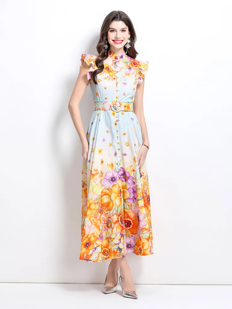 Floral print ruffled sleeveless dress