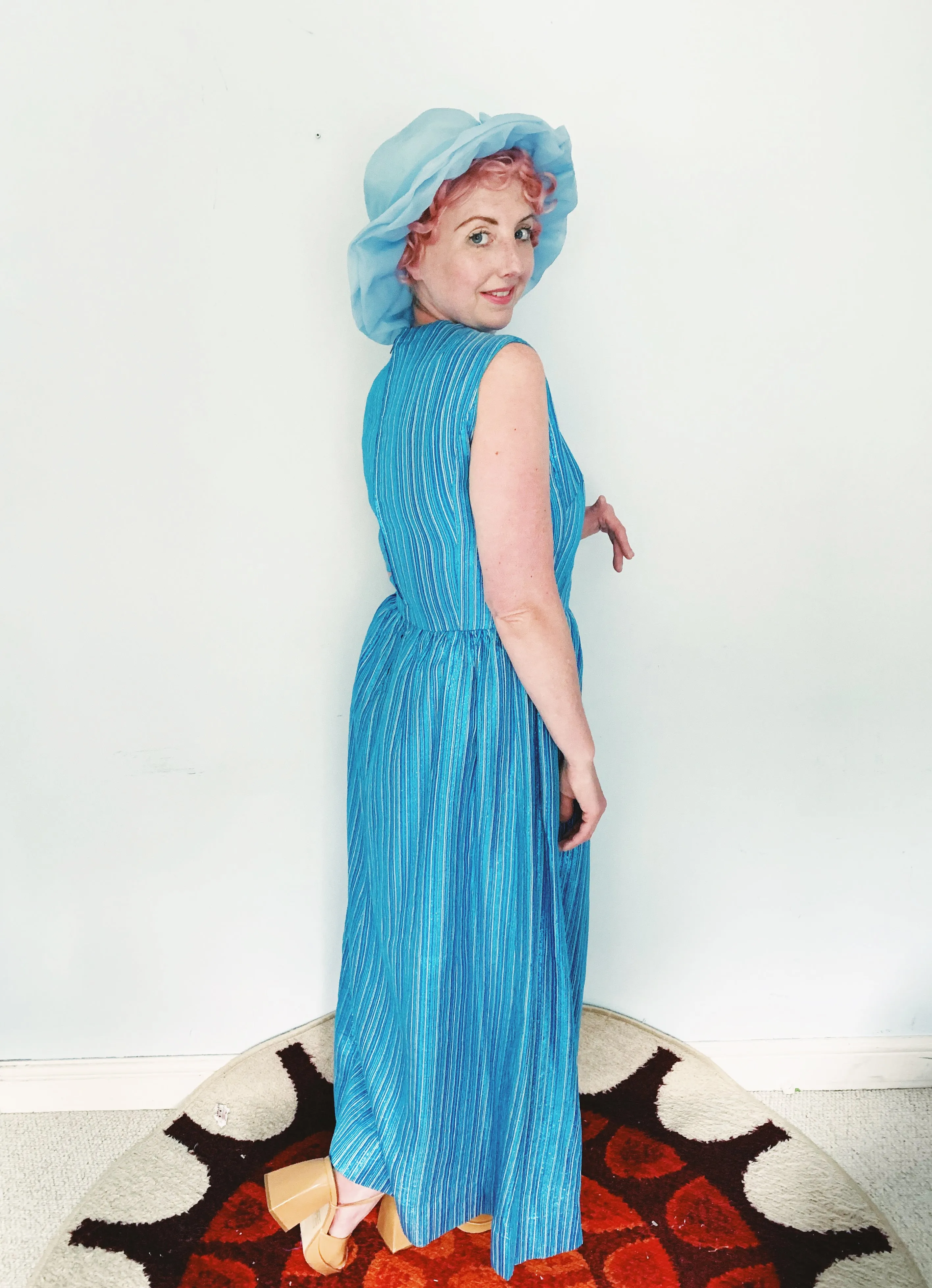 Glitter striped Blue and Silver Striped 60s Maxi Dress