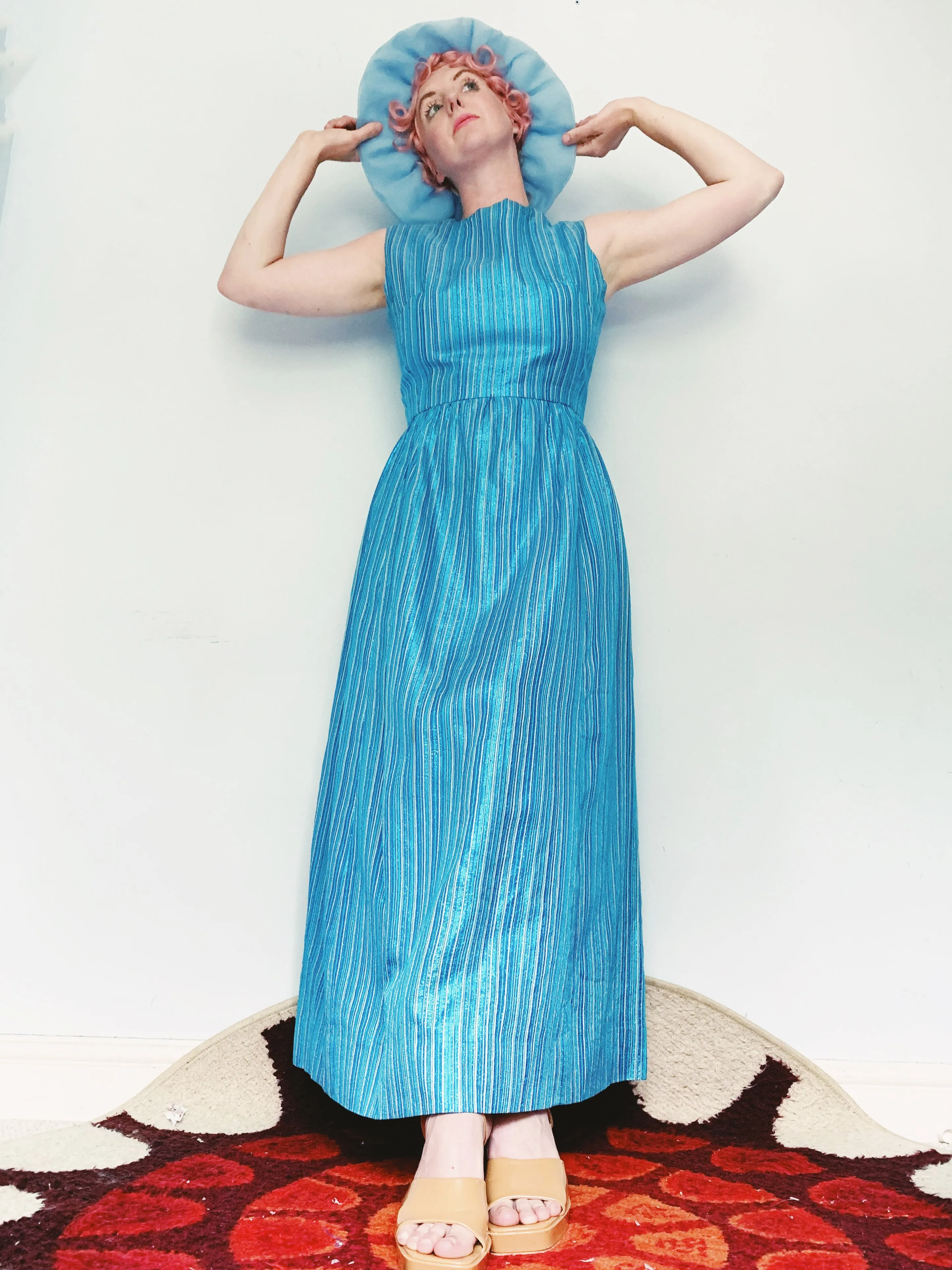 Glitter striped Blue and Silver Striped 60s Maxi Dress