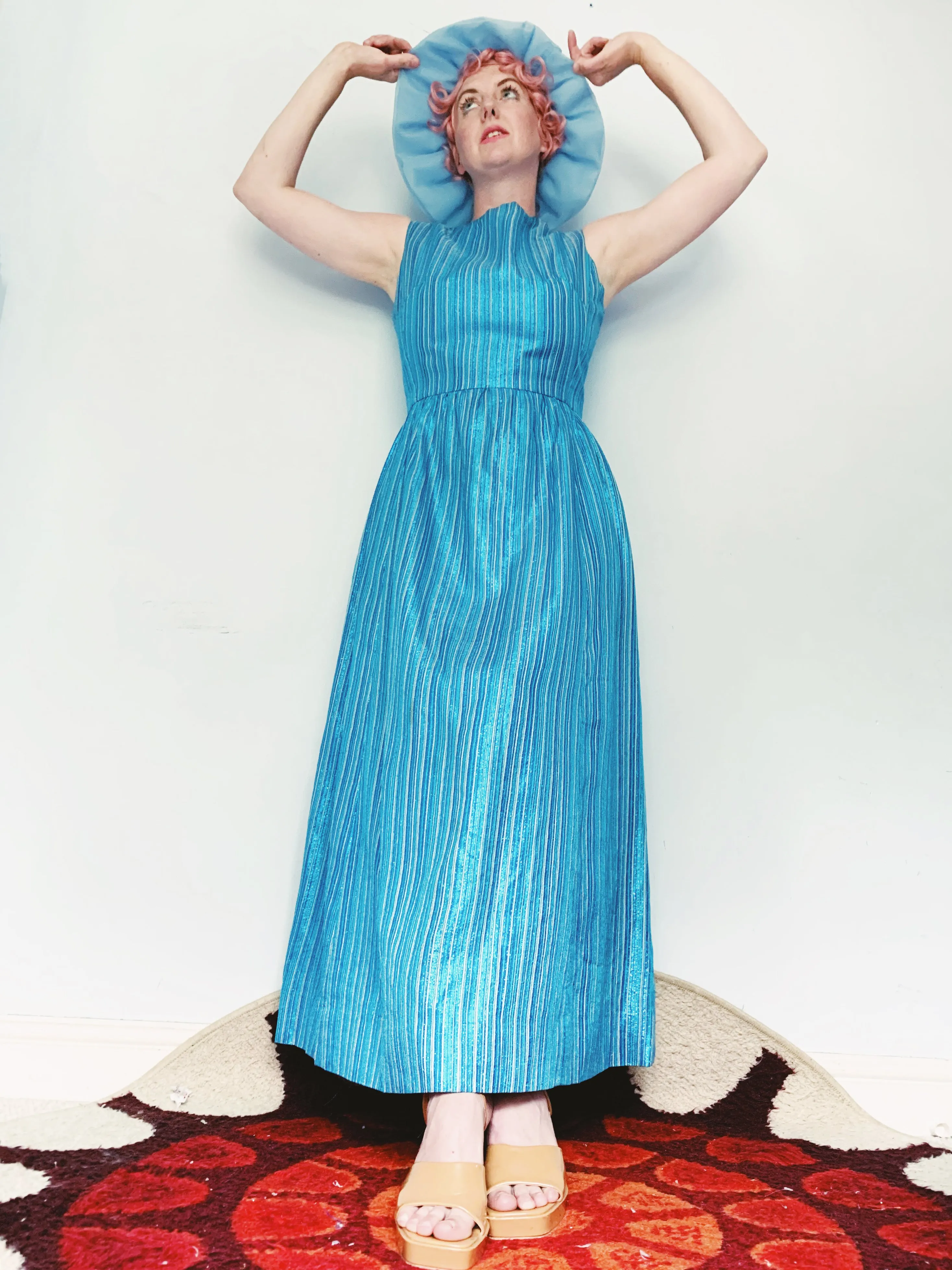 Glitter striped Blue and Silver Striped 60s Maxi Dress