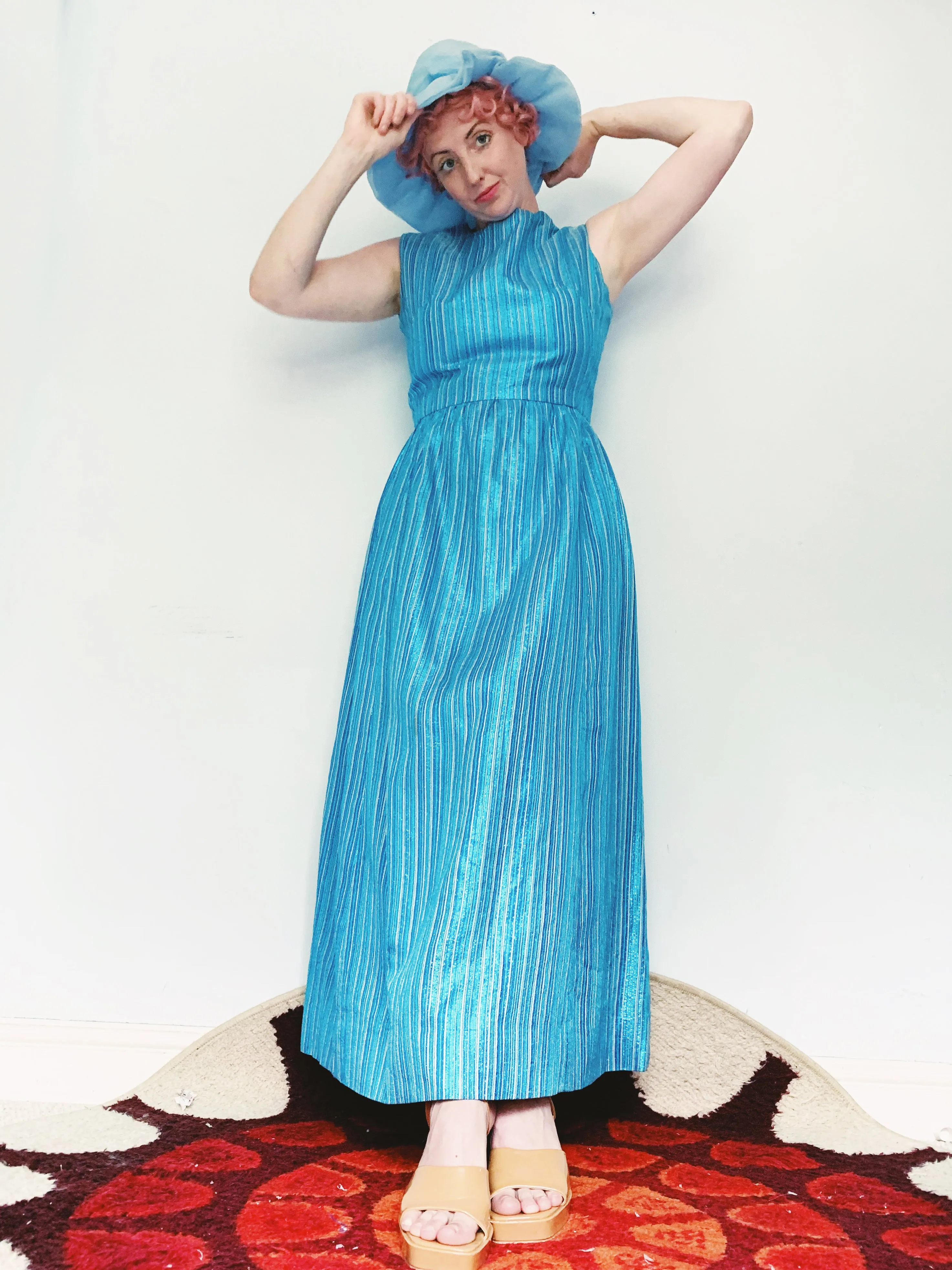 Glitter striped Blue and Silver Striped 60s Maxi Dress