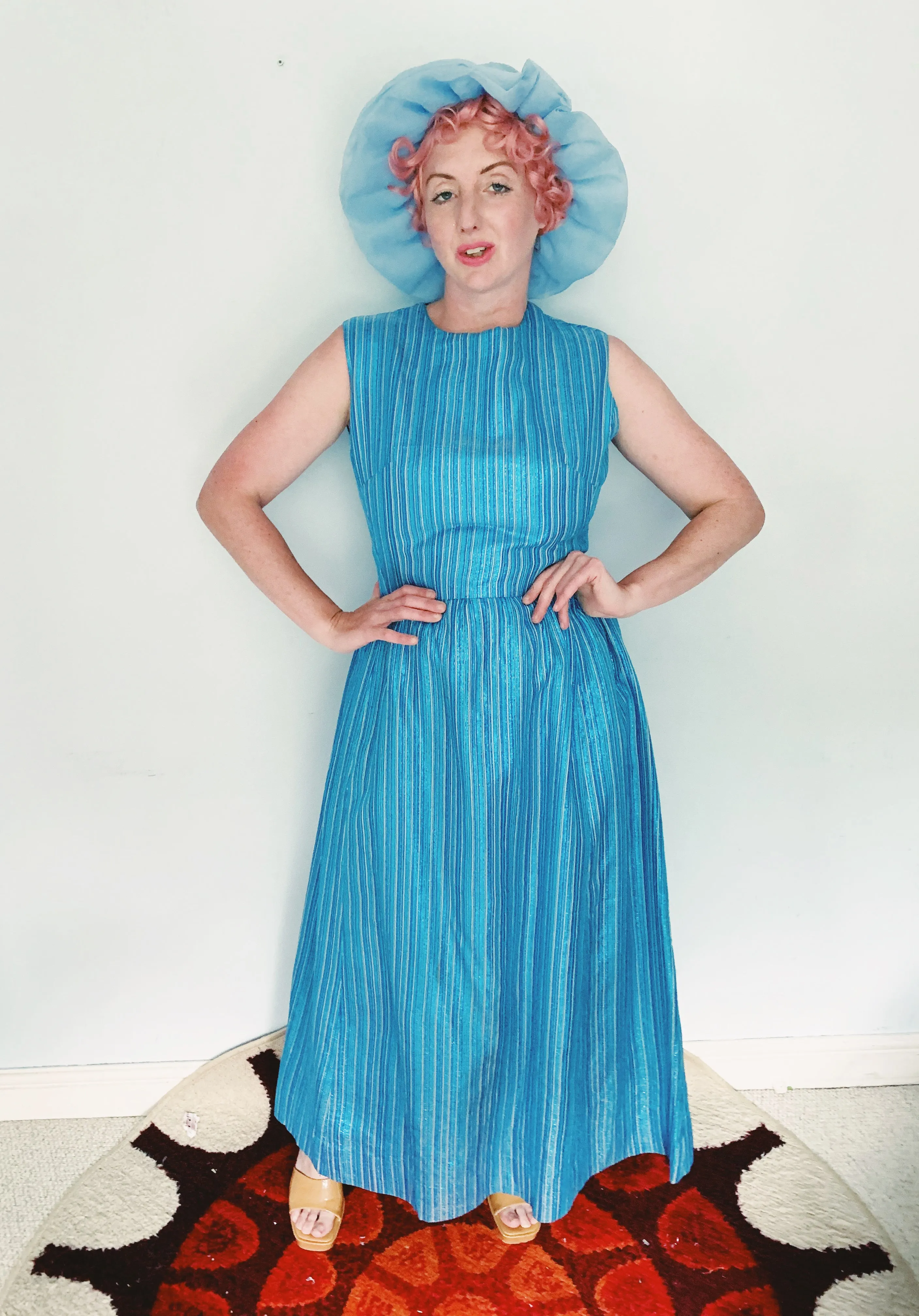 Glitter striped Blue and Silver Striped 60s Maxi Dress