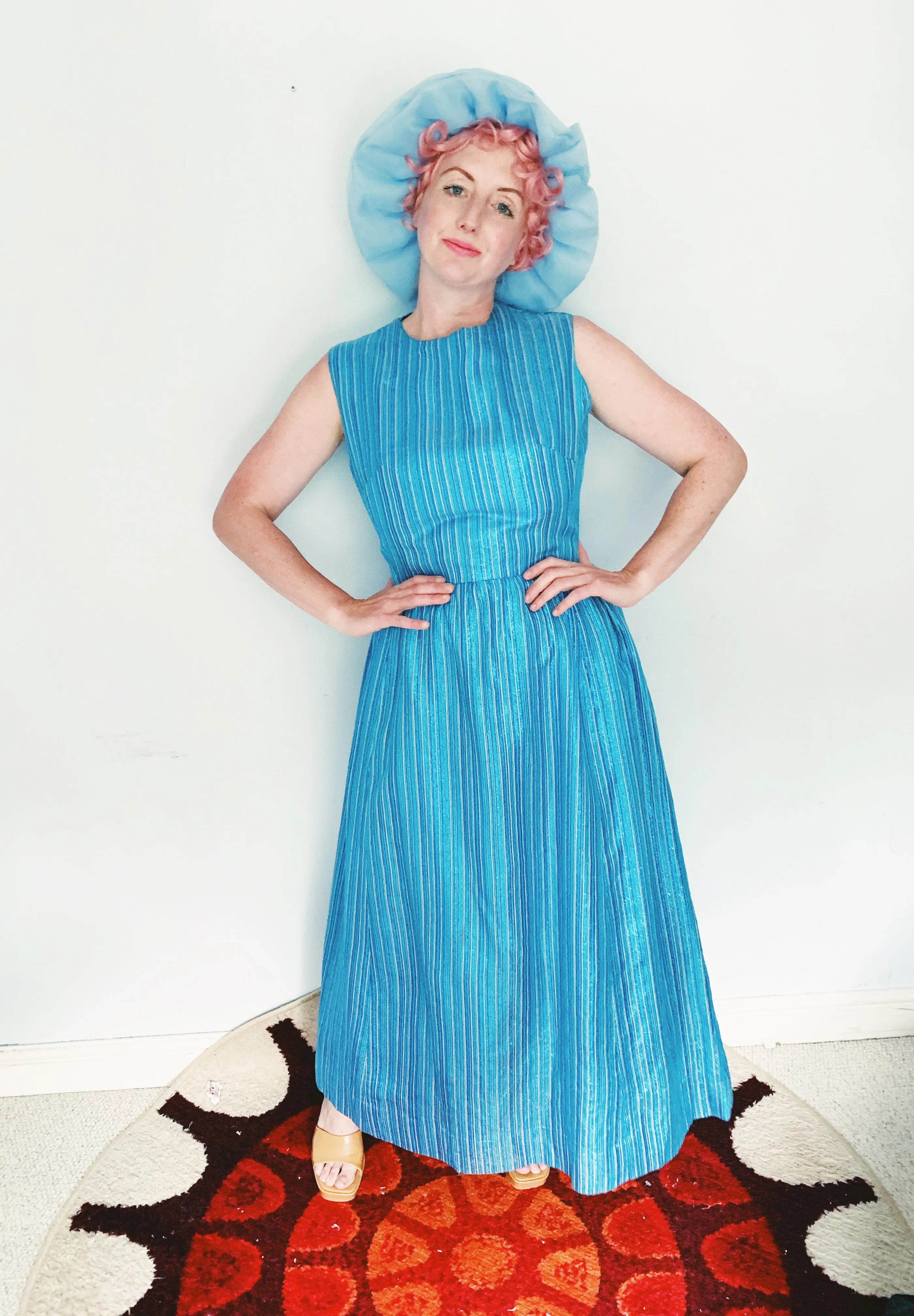 Glitter striped Blue and Silver Striped 60s Maxi Dress