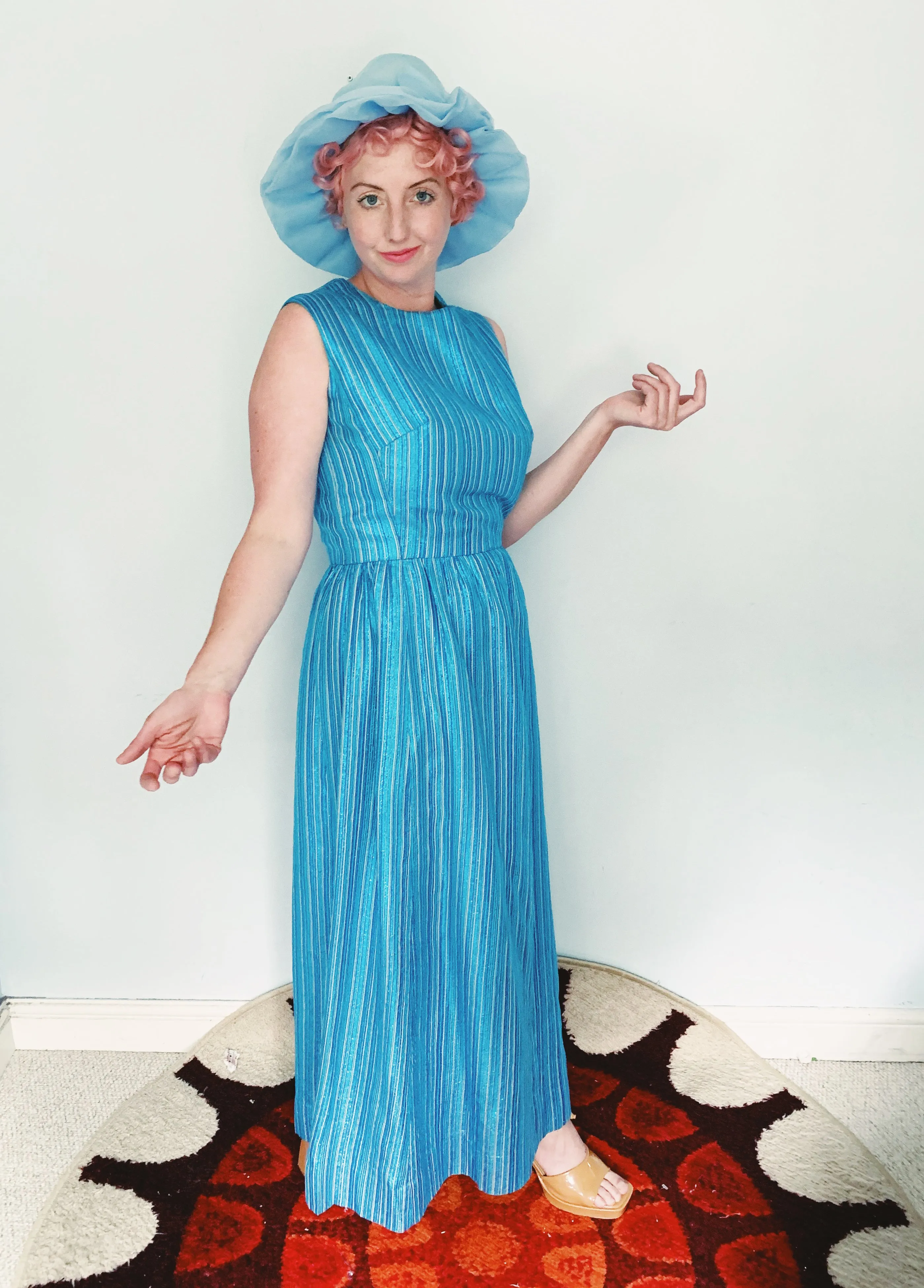 Glitter striped Blue and Silver Striped 60s Maxi Dress