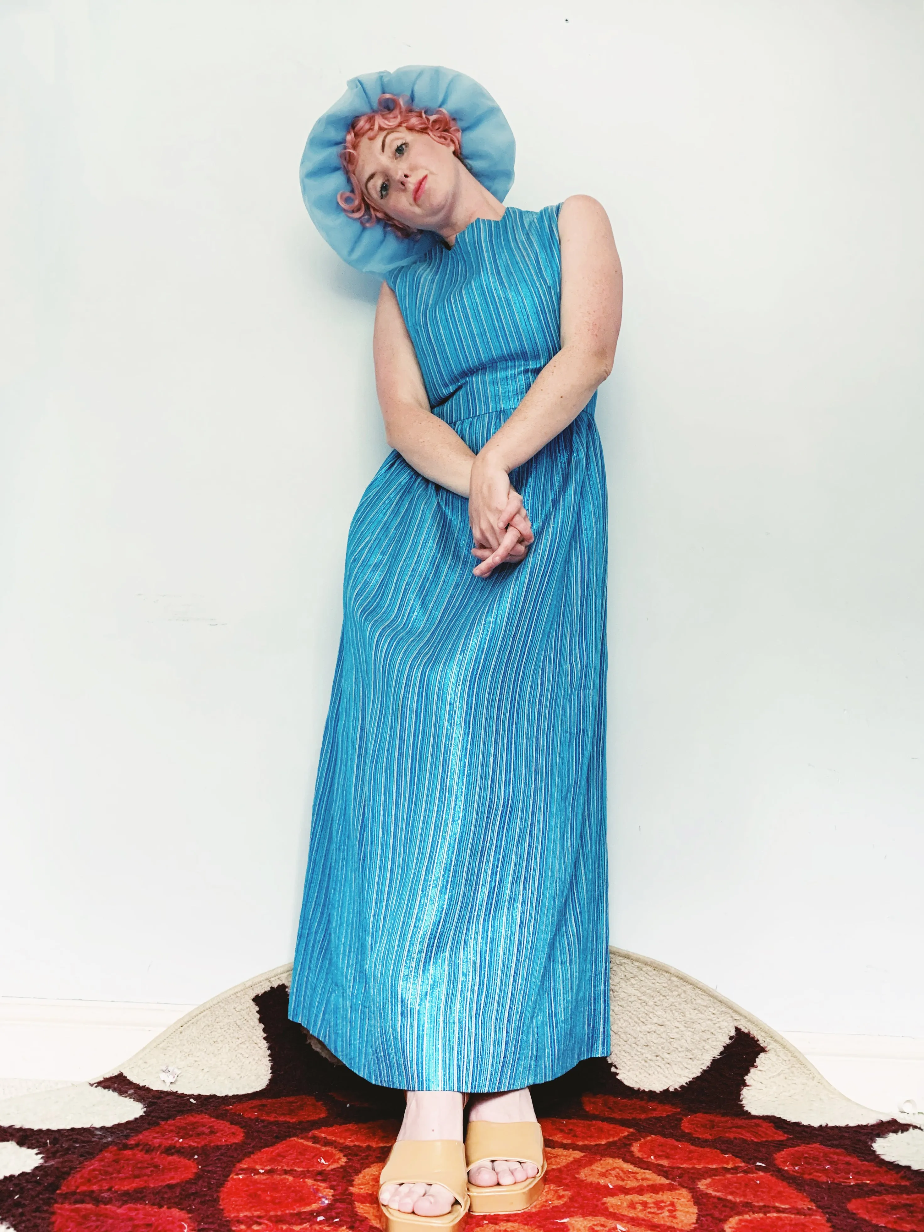 Glitter striped Blue and Silver Striped 60s Maxi Dress