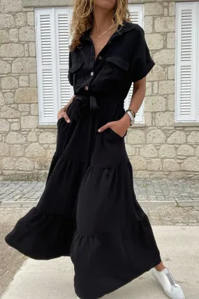 GNS Woman Black Half Pleated Skirt Self-Belted Loose Dress Bst3336 - Grand Island