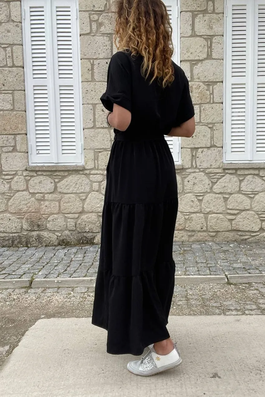 GNS Woman Black Half Pleated Skirt Self-Belted Loose Dress Bst3336 - Grand Island