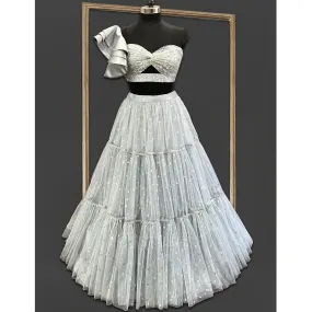 Grey 3 Tiered Skirt with One Shoulder Ruffled Sleeves Top