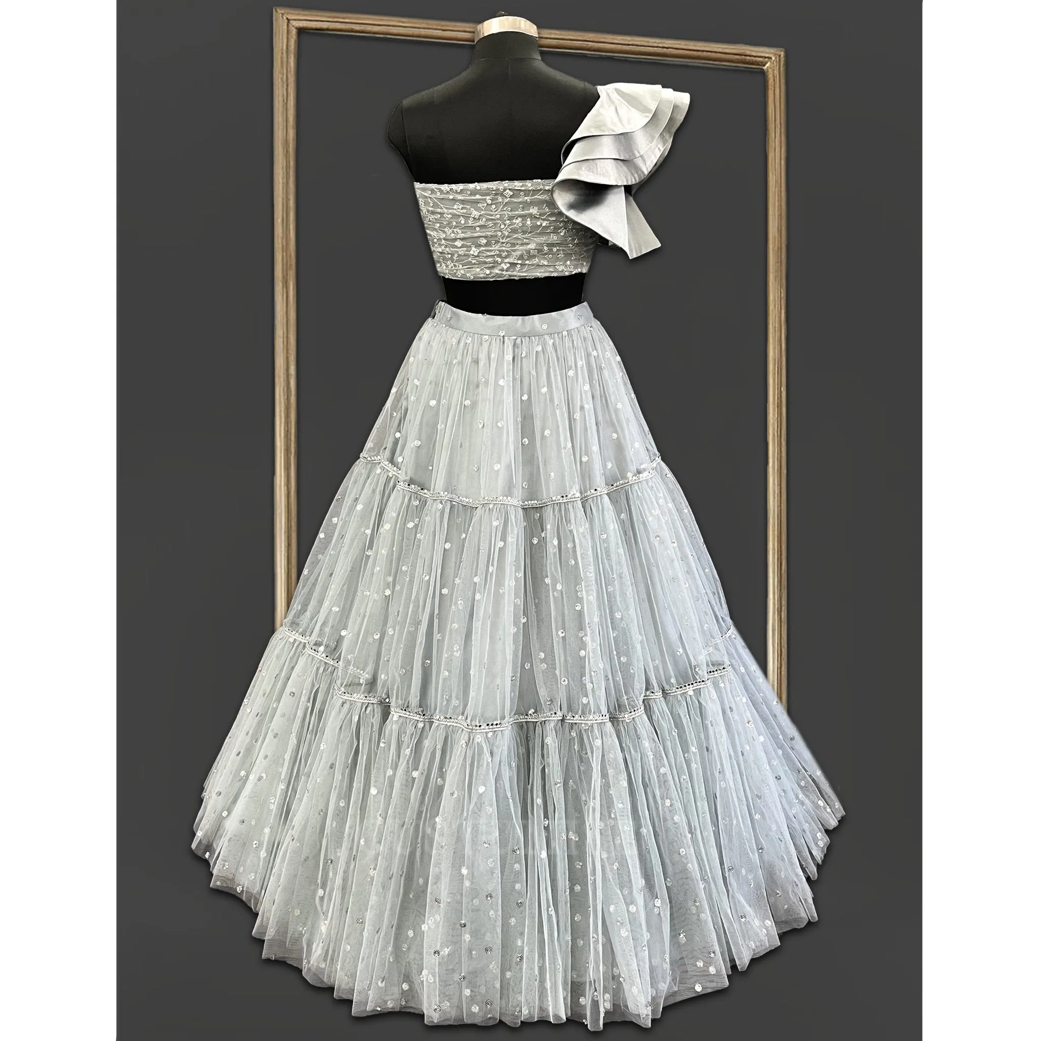 Grey 3 Tiered Skirt with One Shoulder Ruffled Sleeves Top