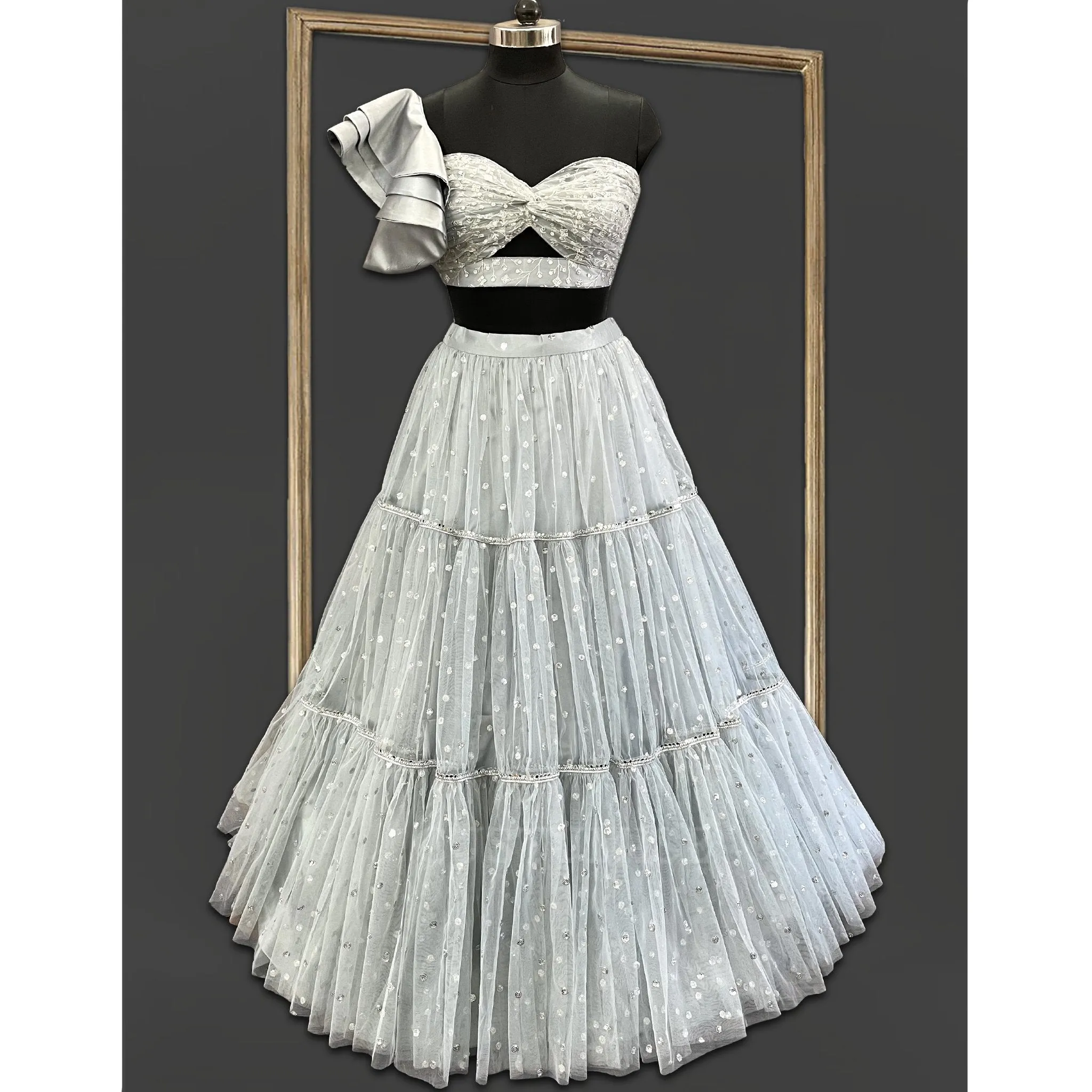 Grey 3 Tiered Skirt with One Shoulder Ruffled Sleeves Top