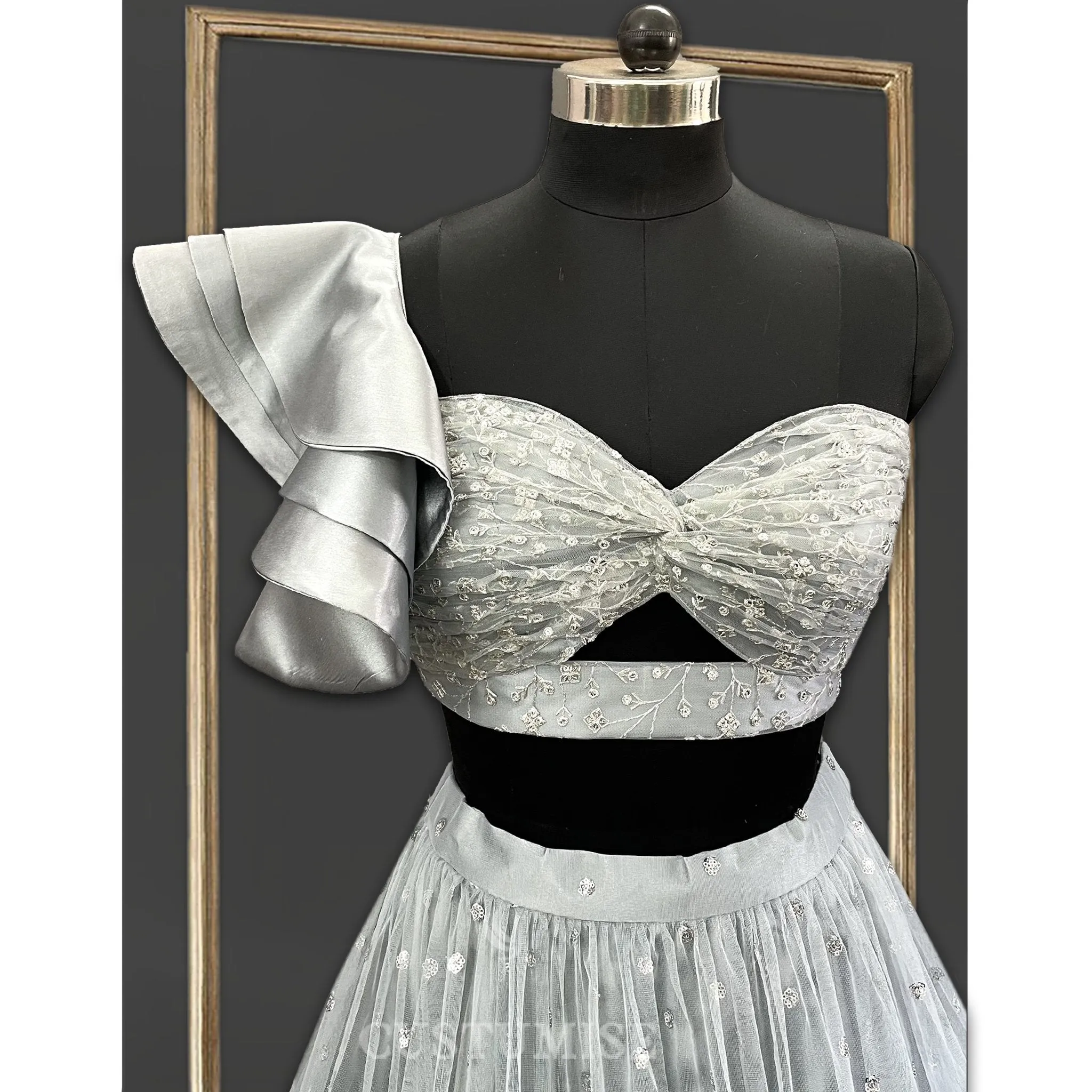 Grey 3 Tiered Skirt with One Shoulder Ruffled Sleeves Top