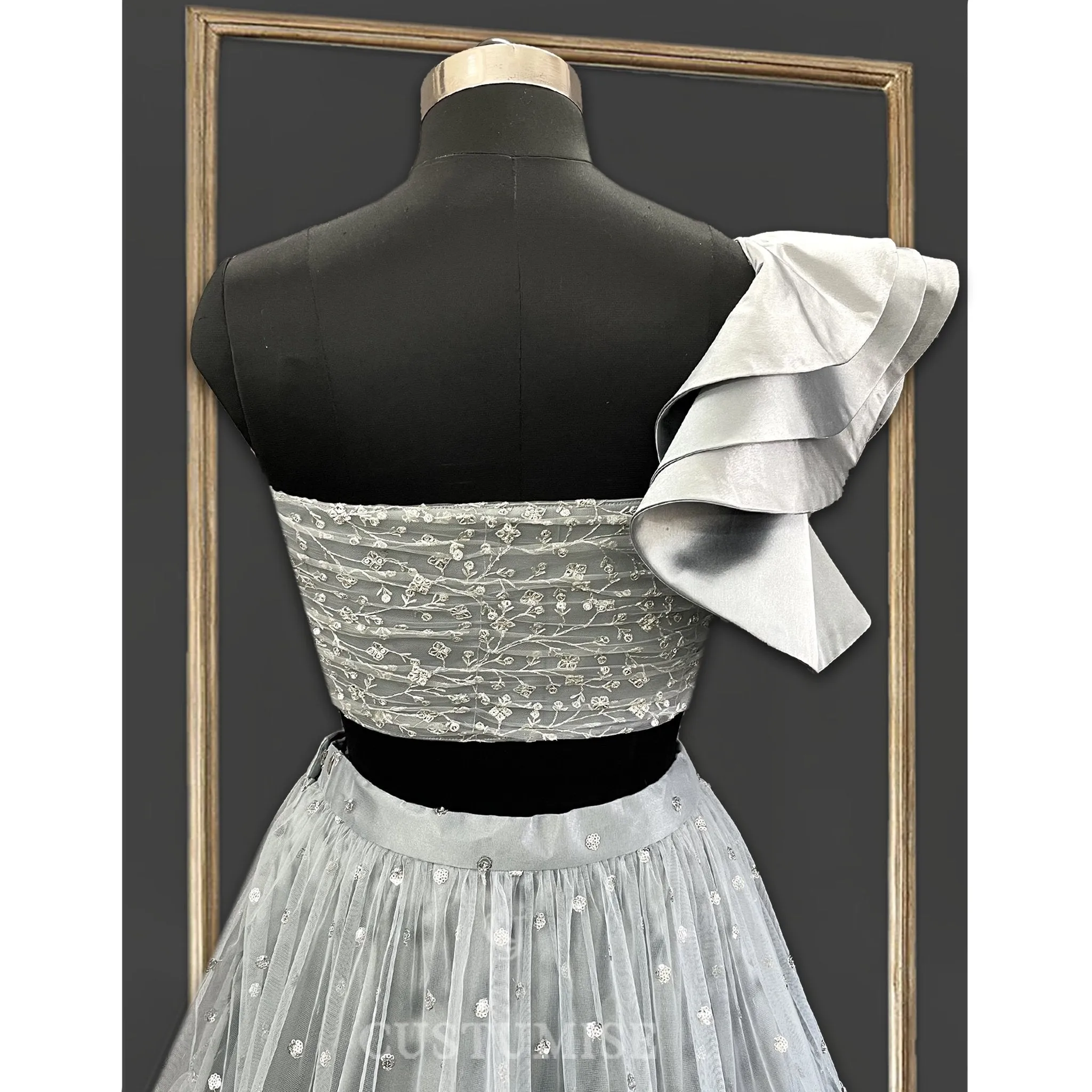 Grey 3 Tiered Skirt with One Shoulder Ruffled Sleeves Top