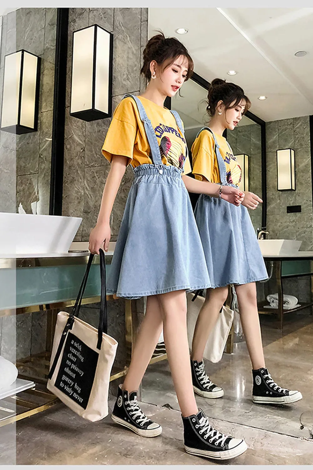 High Waist A-Line Denim Skirts With Straps