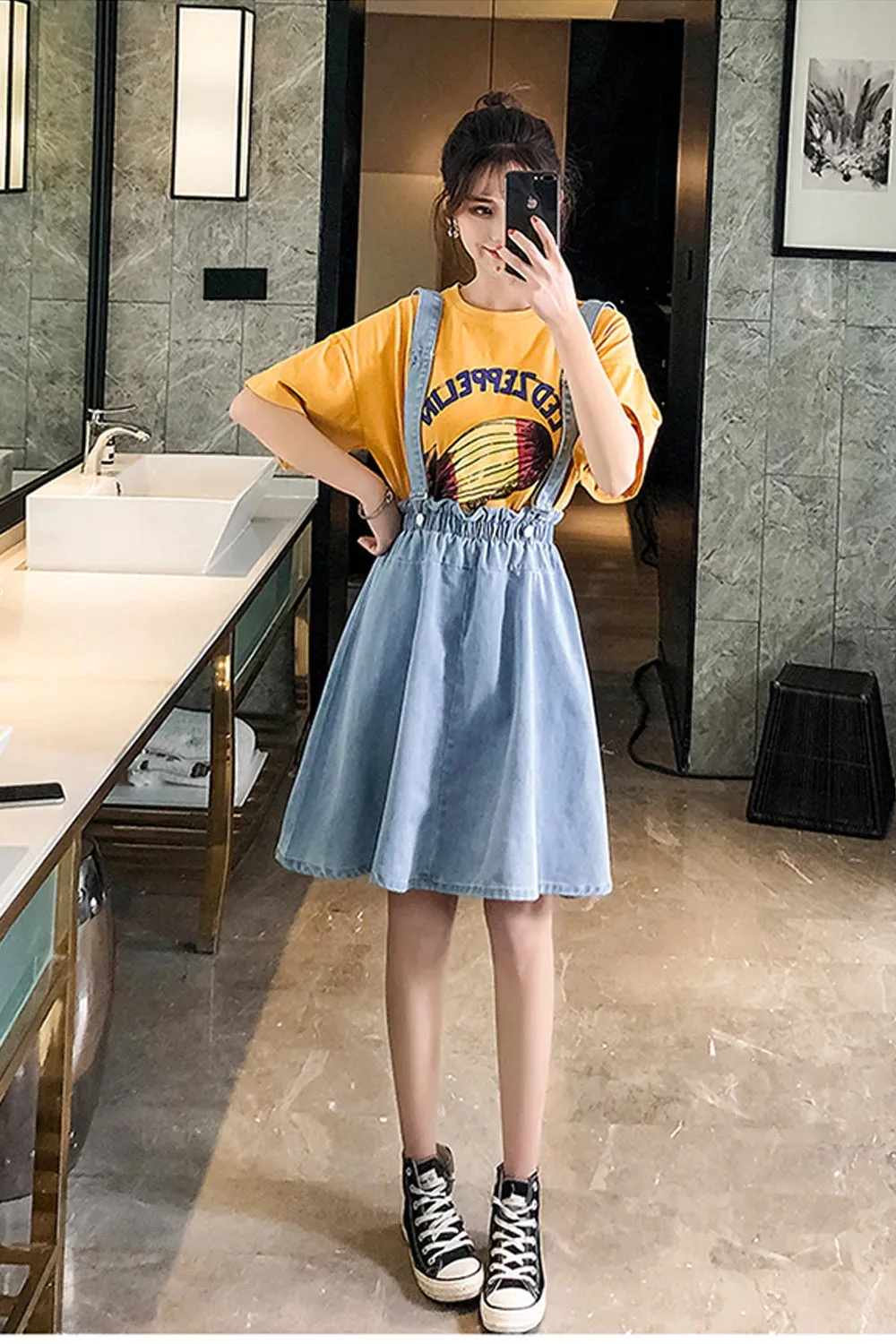 High Waist A-Line Denim Skirts With Straps