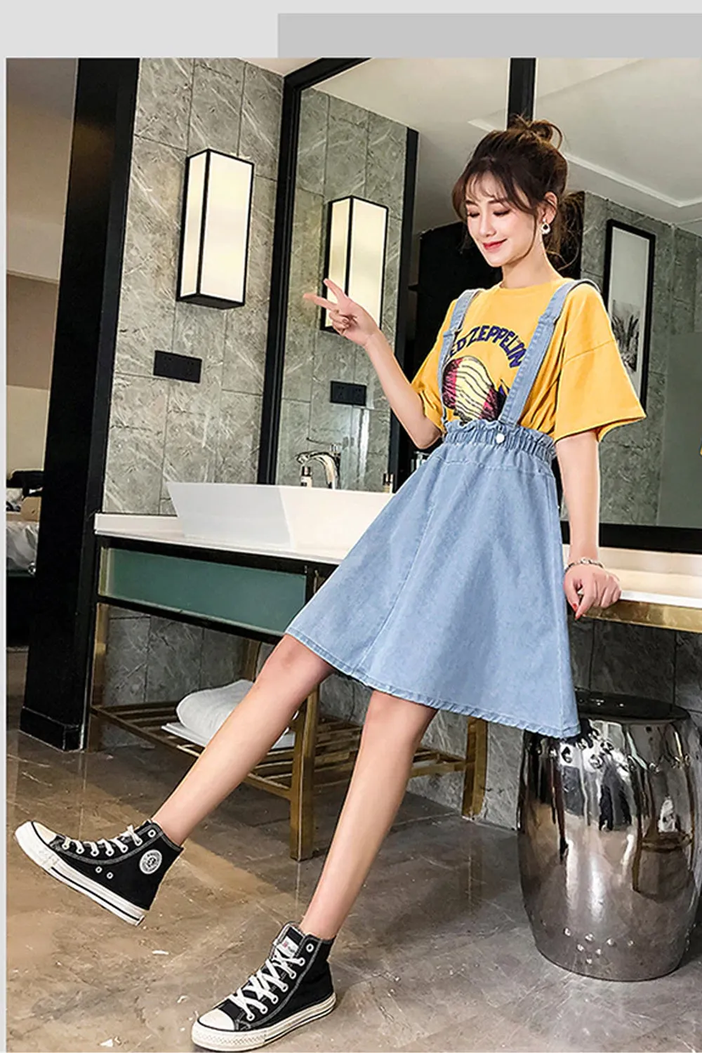 High Waist A-Line Denim Skirts With Straps