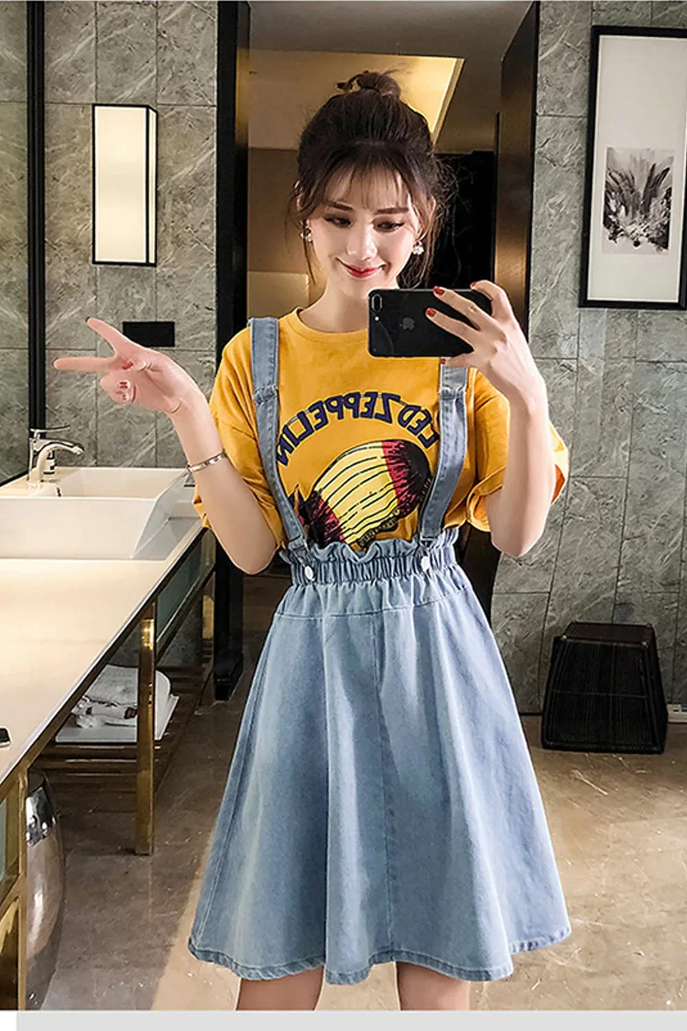 High Waist A-Line Denim Skirts With Straps
